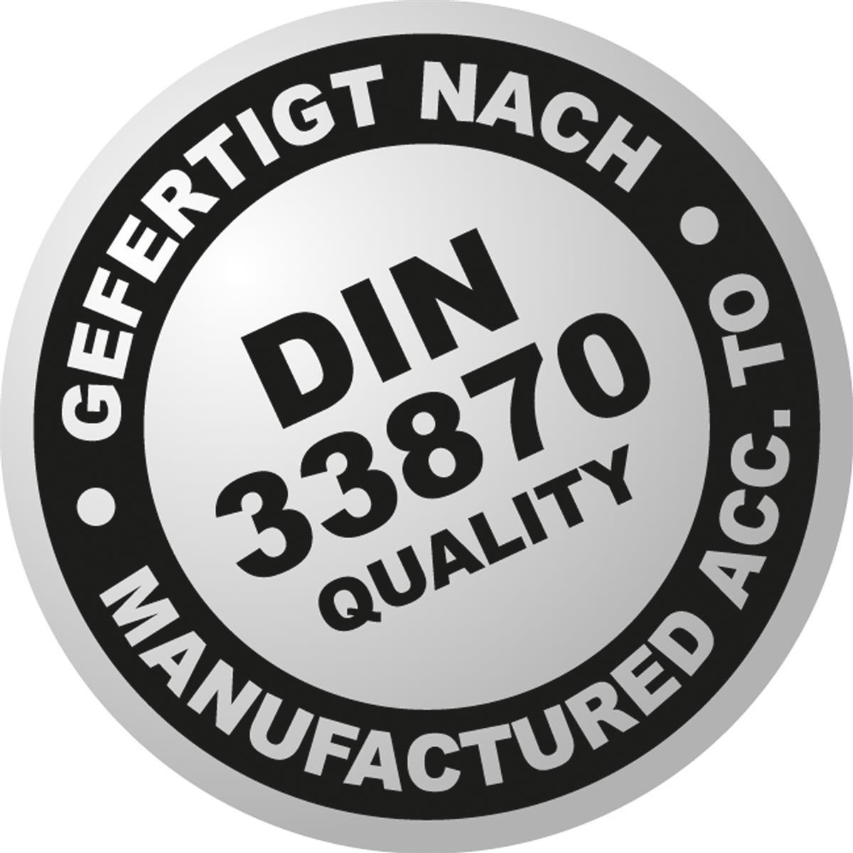 Okrągła etykieta z tekstem: GEFERTIGT NACH, DIN 33870 QUALITY i MANUFACTURED ACC. TO.