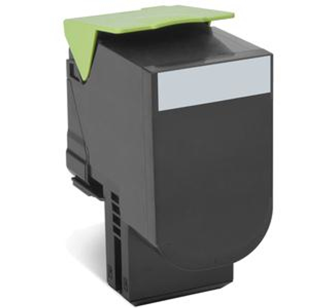 Cartuccia toner stampante nera con parte superiore verde chiaro.