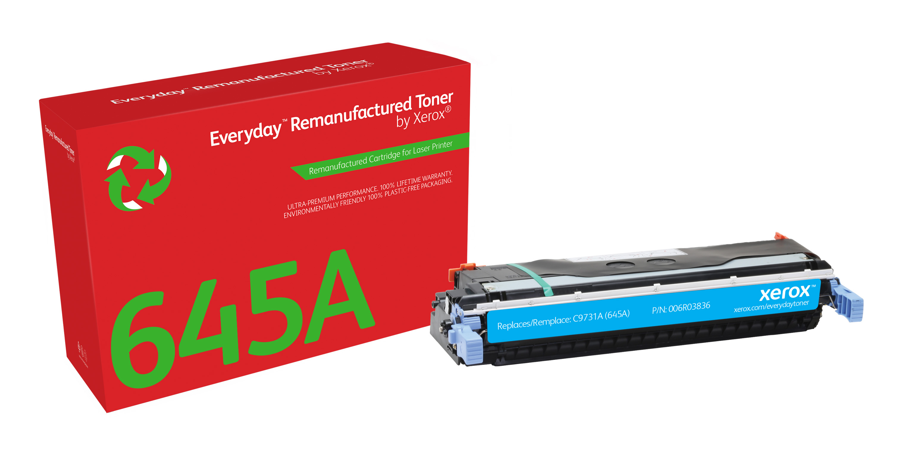 Scatola rossa con 'Everyday Remanufactured Toner by Xerox' e cartuccia per stampante su bianco.