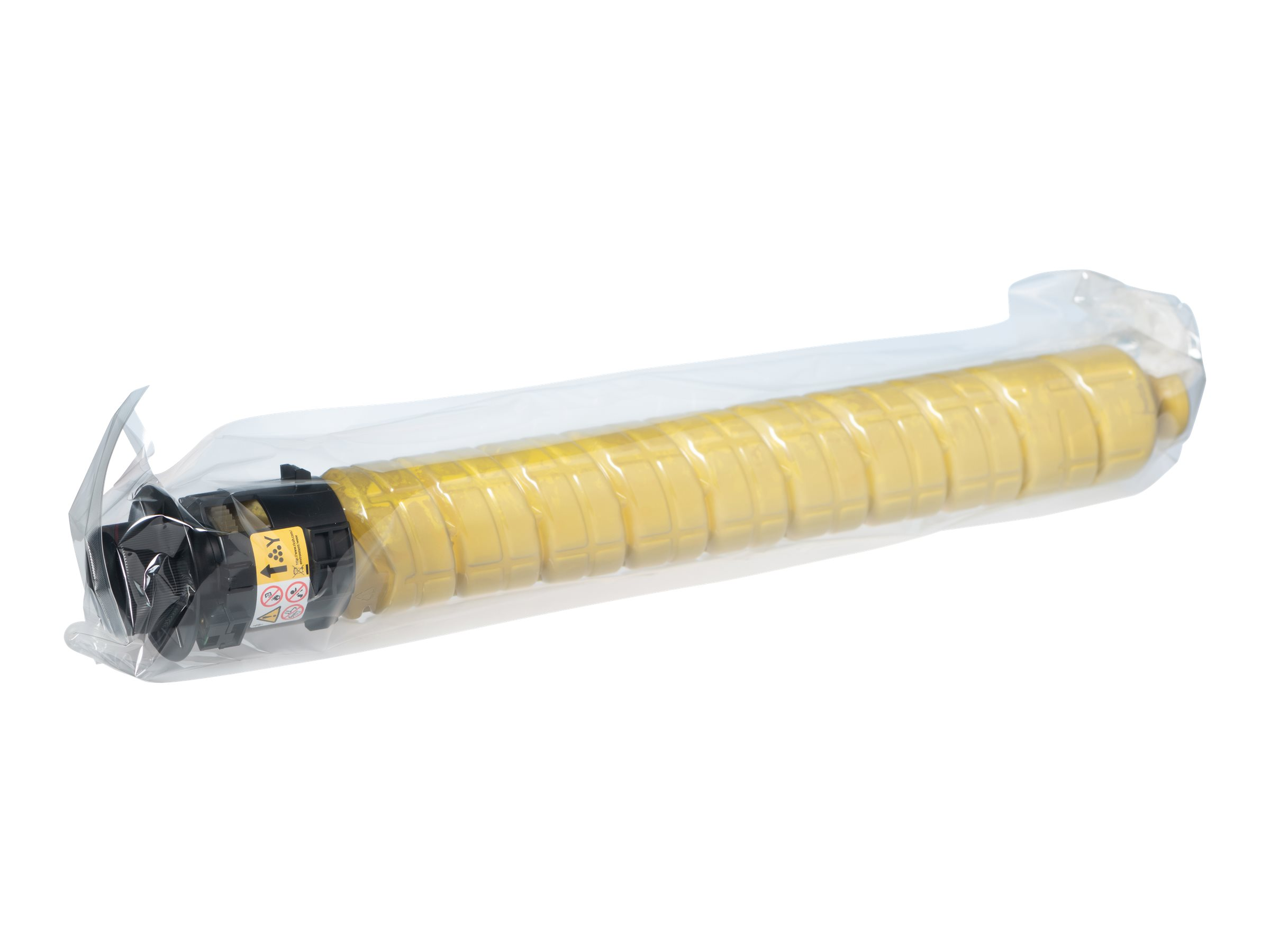 Żółty wkład z tonerem w przezroczystym plastikowym opakowaniu, na białym tle.