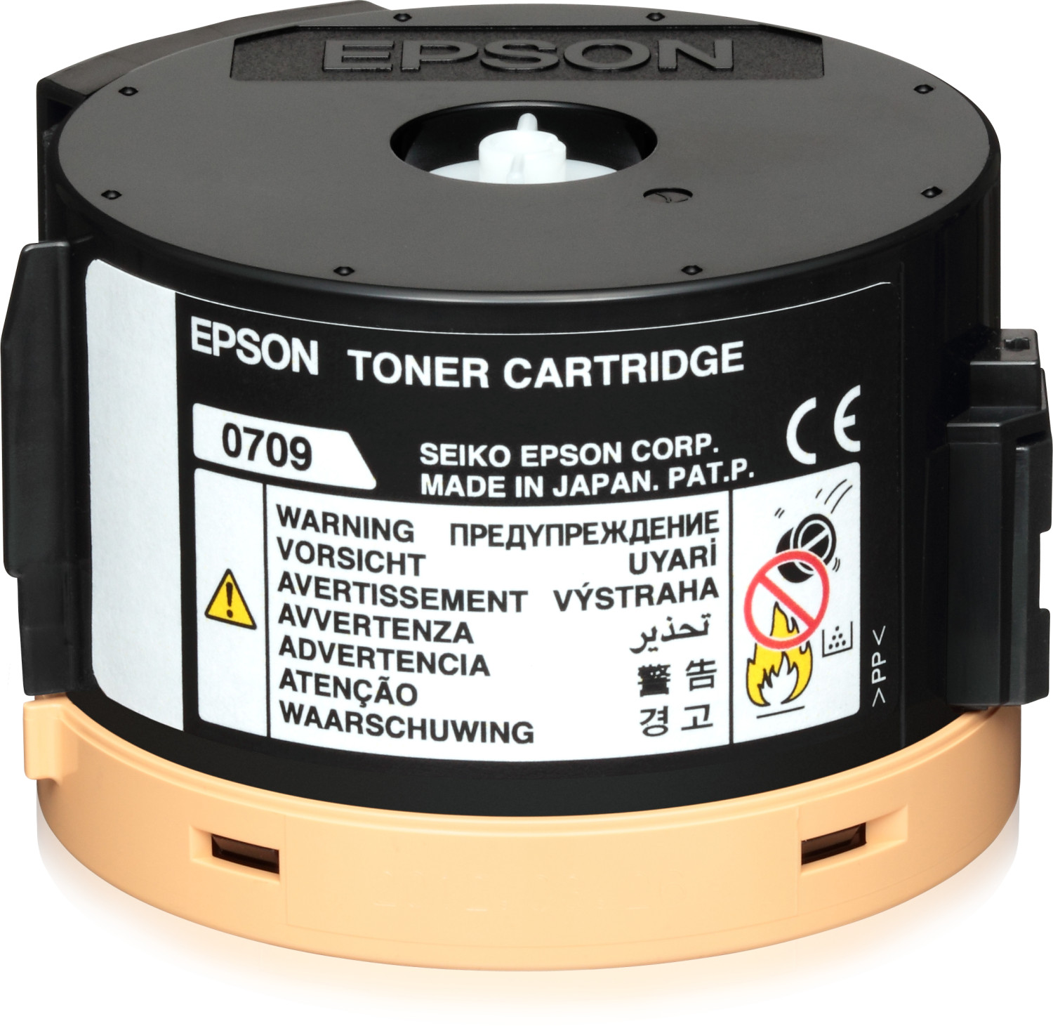 Cartuccia toner Epson con etichette di avvertenza su sfondo bianco.