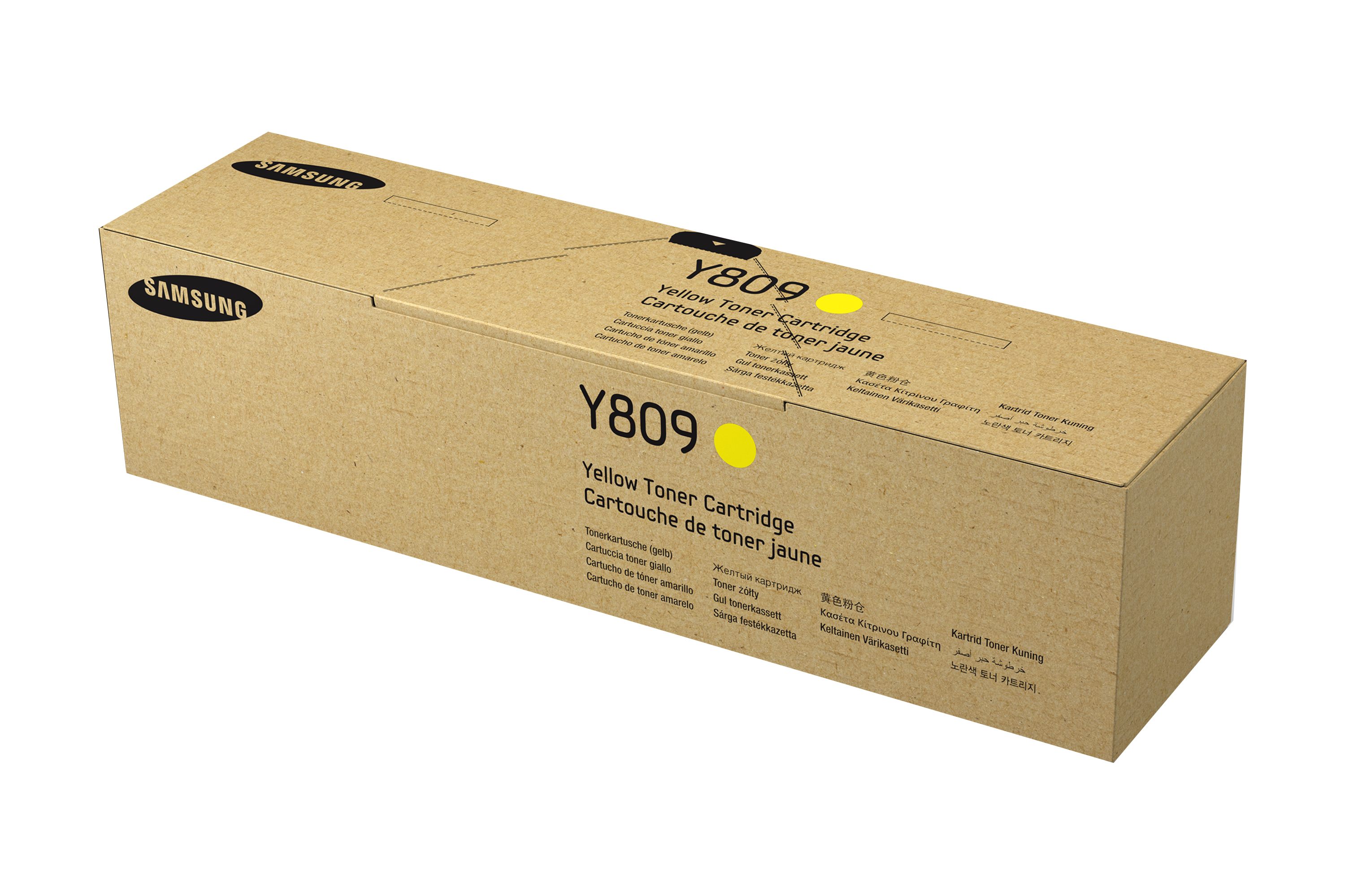 Scatola marrone con 'SAMSUNG' sopra. 'Y809 Yellow Toner Cartridge' scritto sulla scatola. Sfondo bianco.