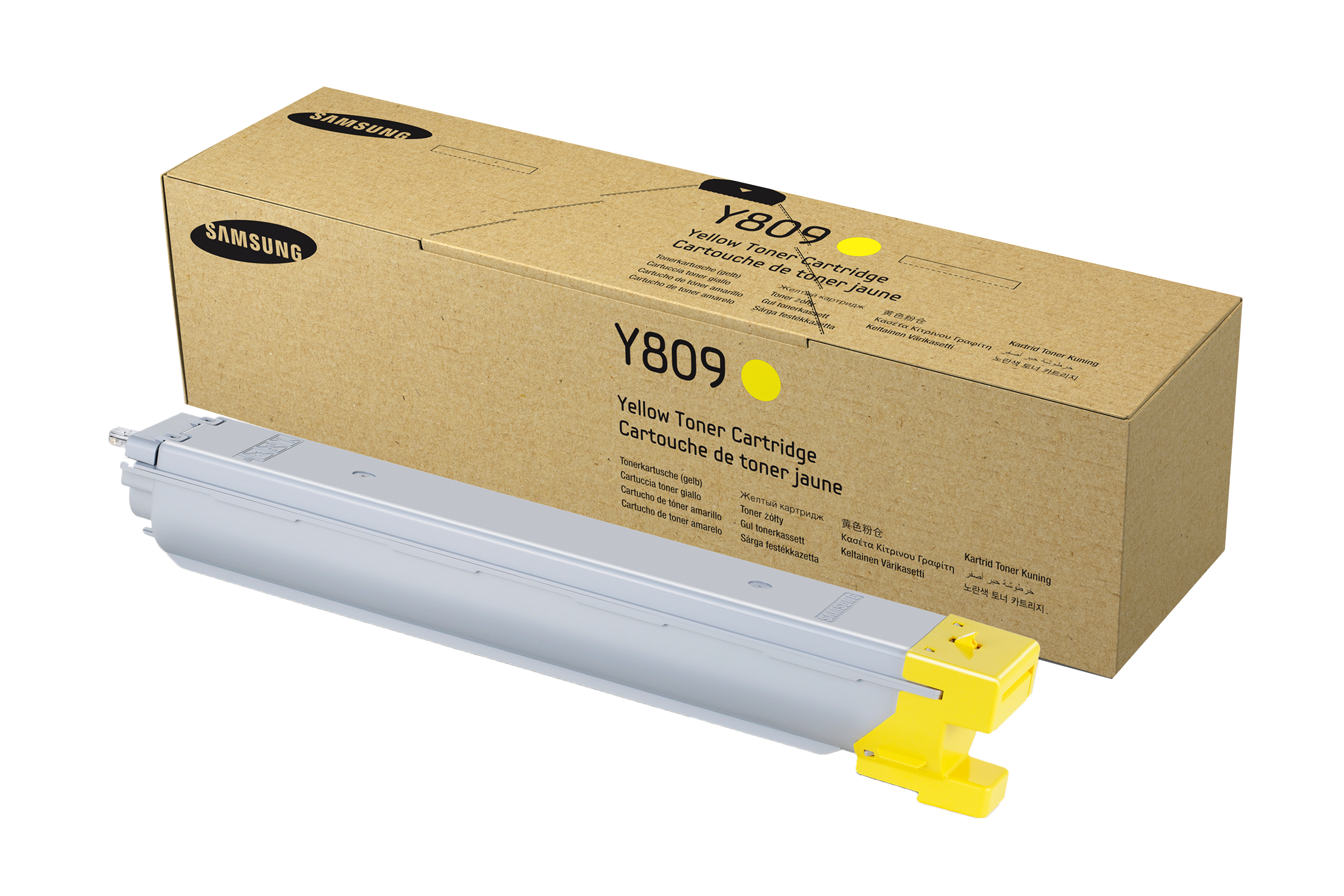Scatola marrone e cartuccia toner grigia. La scatola dice 'Y809 Yellow Toner Cartridge'. Sfondo bianco. La cartuccia è gialla.