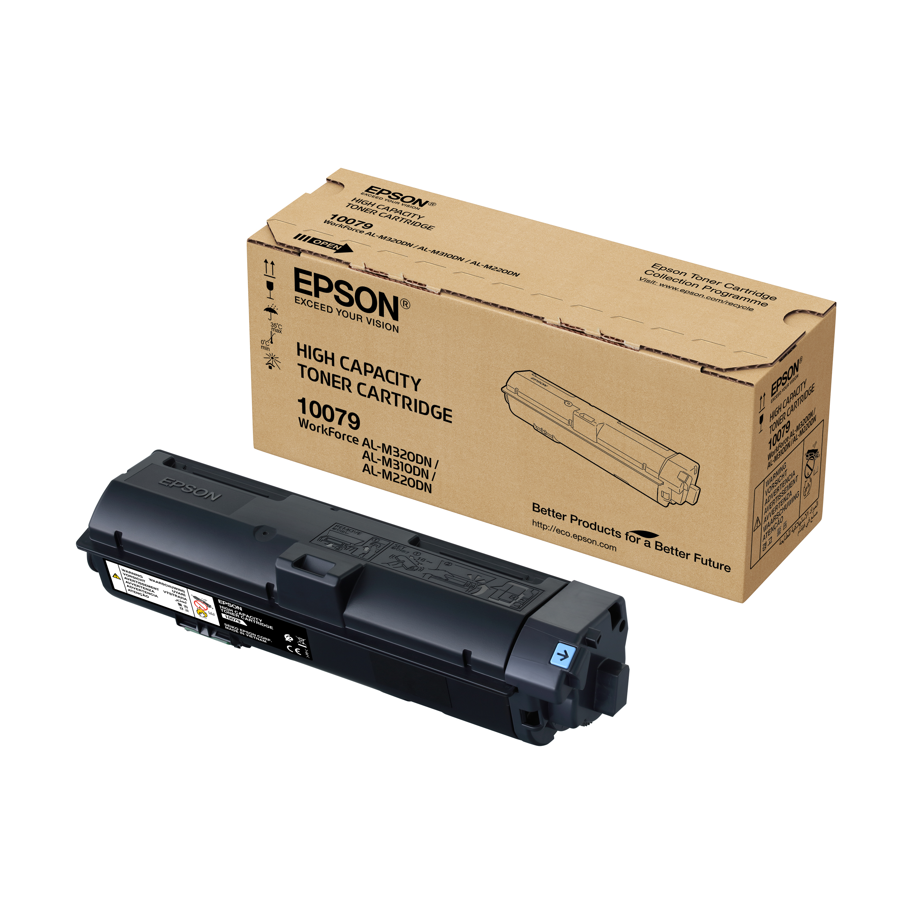 Epson tonercartridge doos en cartridge. Doos zegt 'High Capacity Toner Cartridge' en '10079'.
