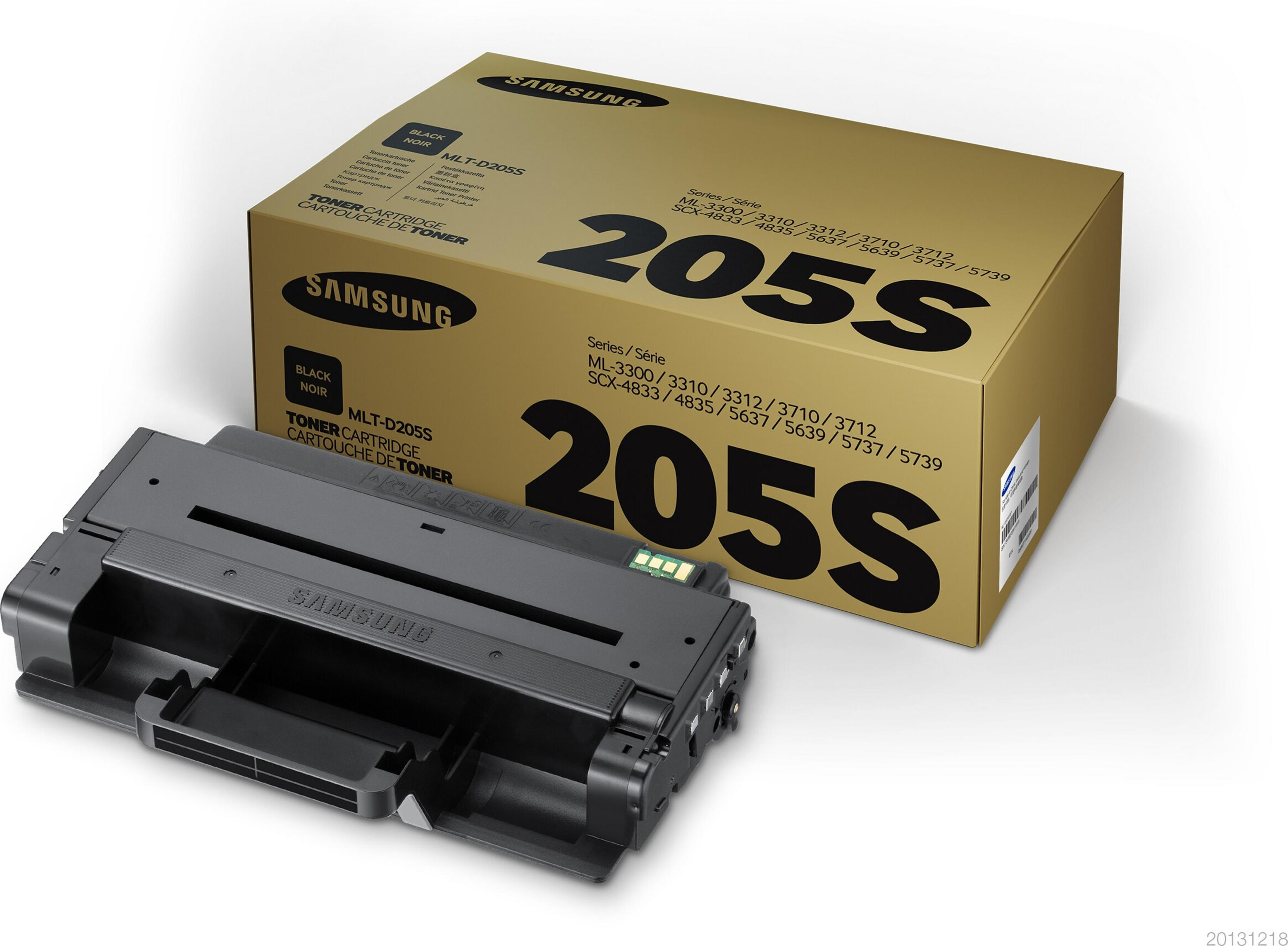 Una scatola di toner per stampante Samsung e una cartuccia toner nera.