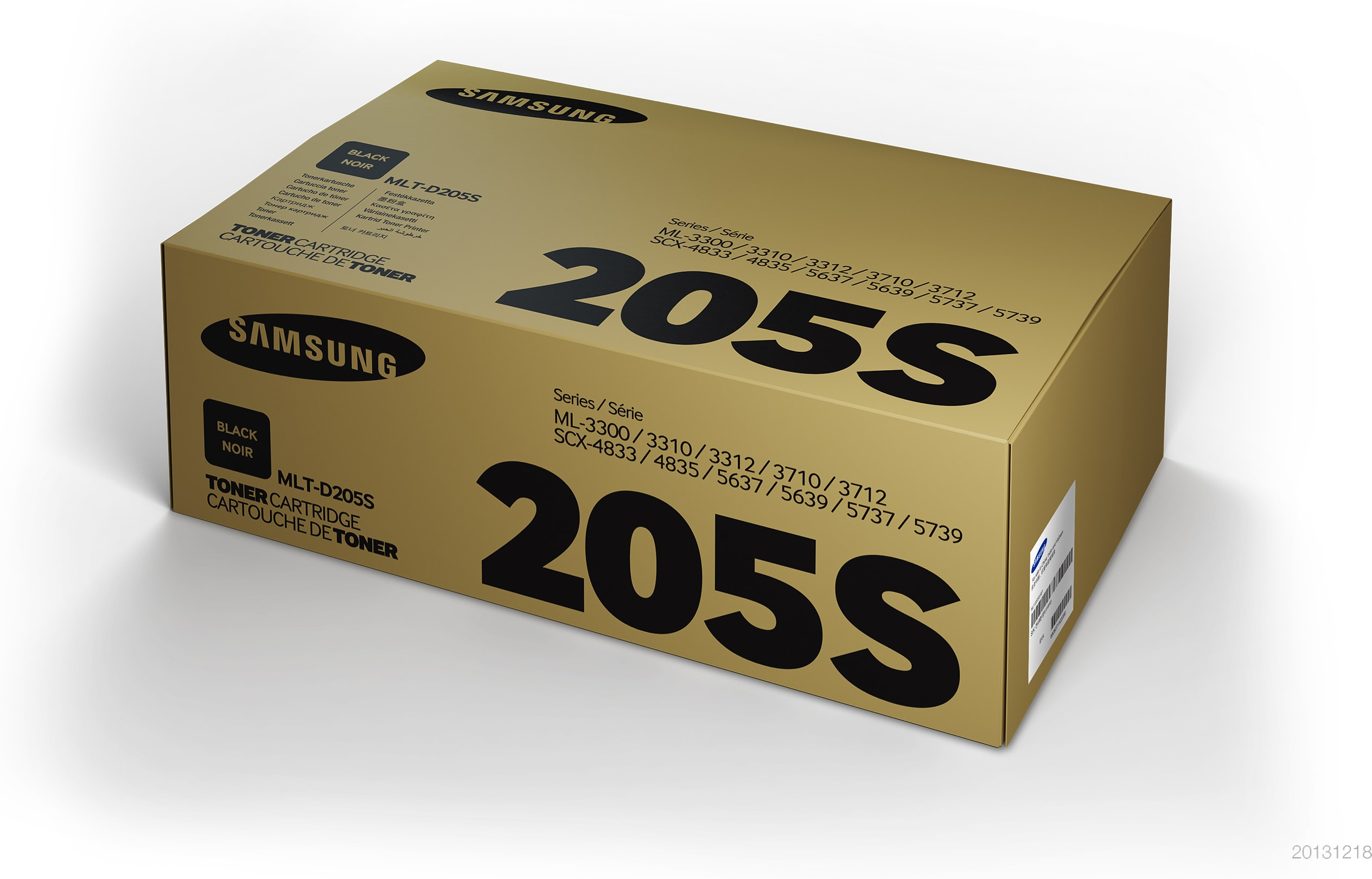 Scatola di cartucce toner color oro con il marchio 'SAMSUNG' e le informazioni sul prodotto stampate sopra.