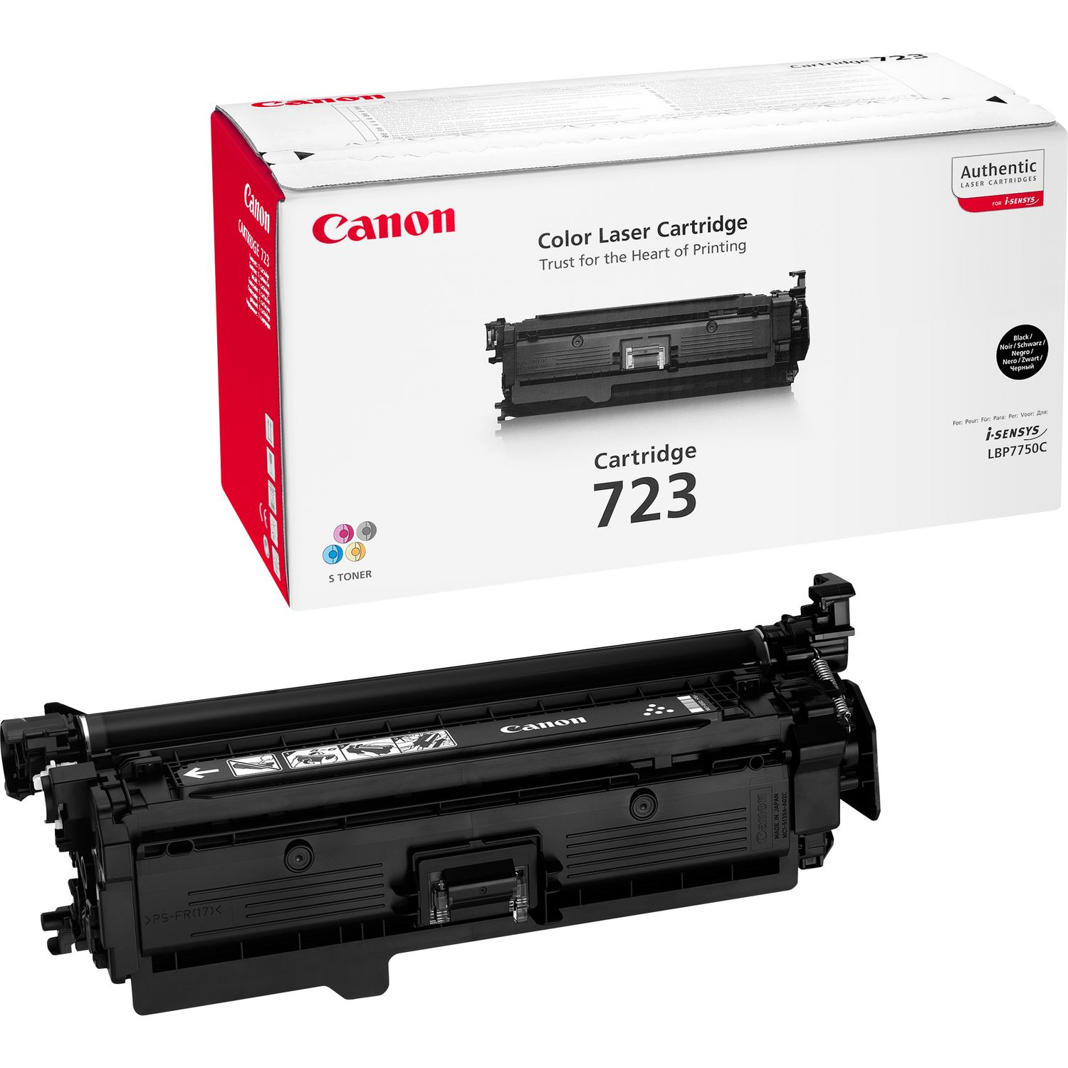 Canon renkli lazer kartuşu ve kutusu. Siyah kartuş ve kutu, kırmızı ve beyaz renk şeması.