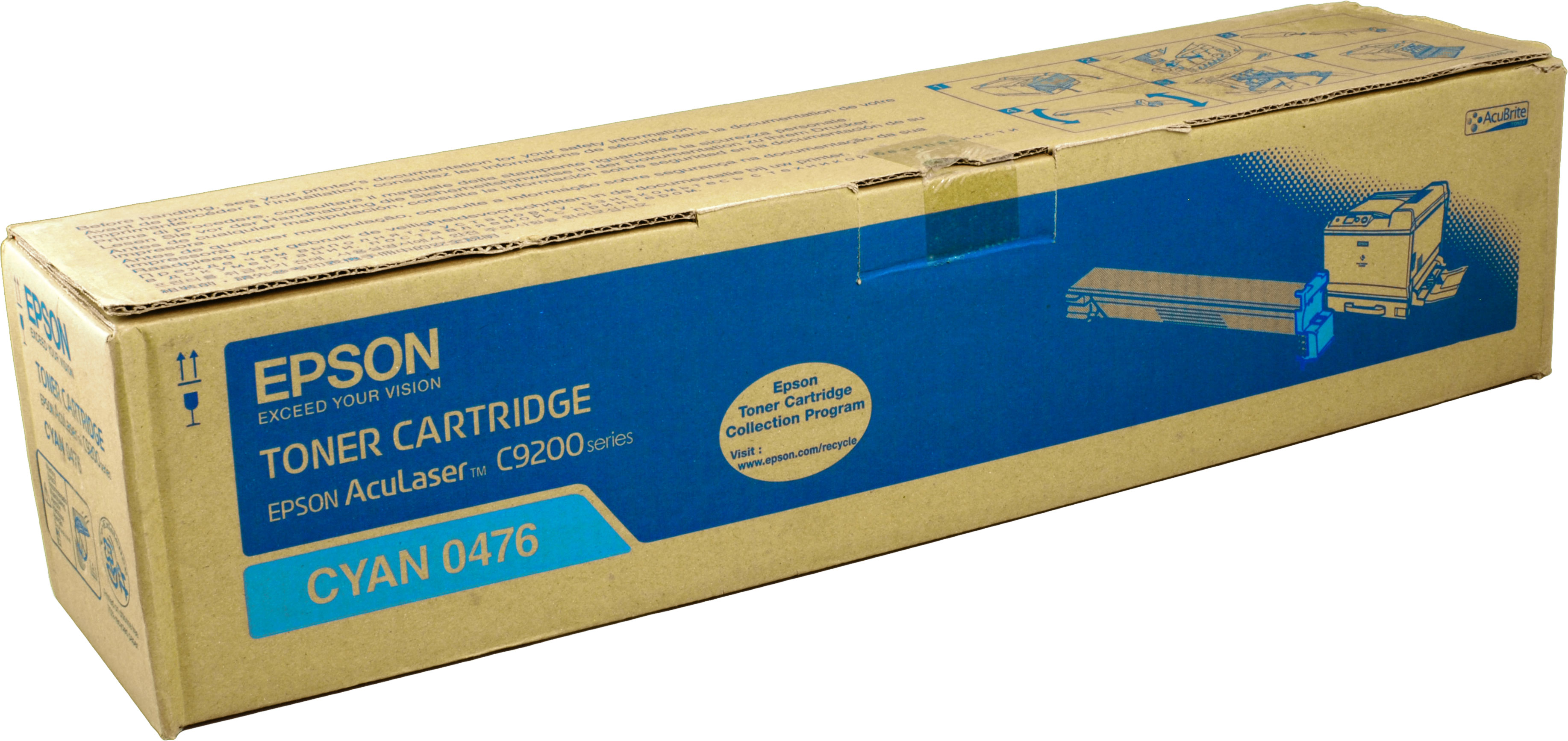 Scatola toner Epson beige. 'Cyan 0476' scritto sulla scatola. Scatola con testo e immagini. Sfondo bianco.