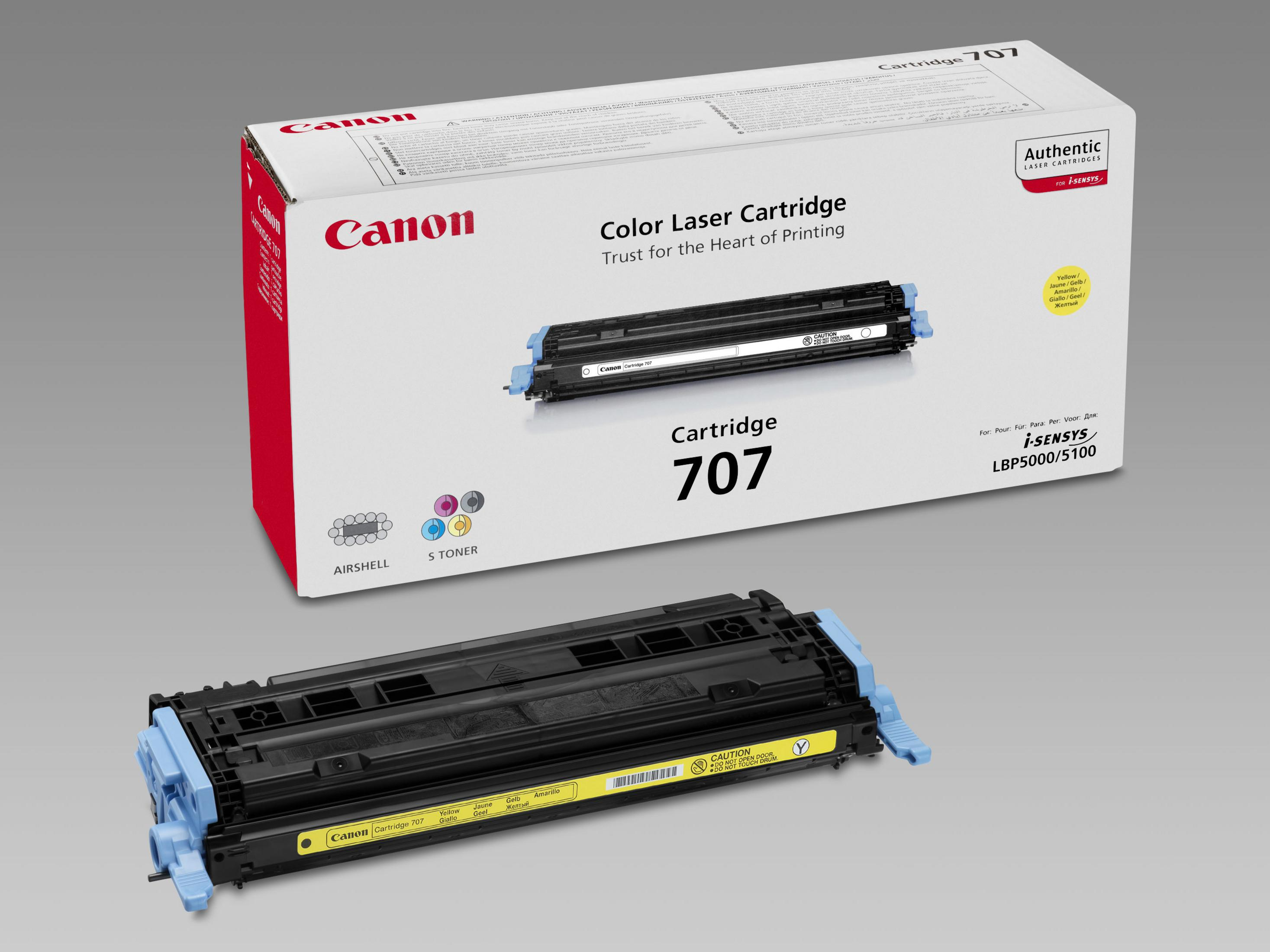 Wkład do drukarki Canon i pudełko z napisem 'Cartridge 707' na szarym tle.