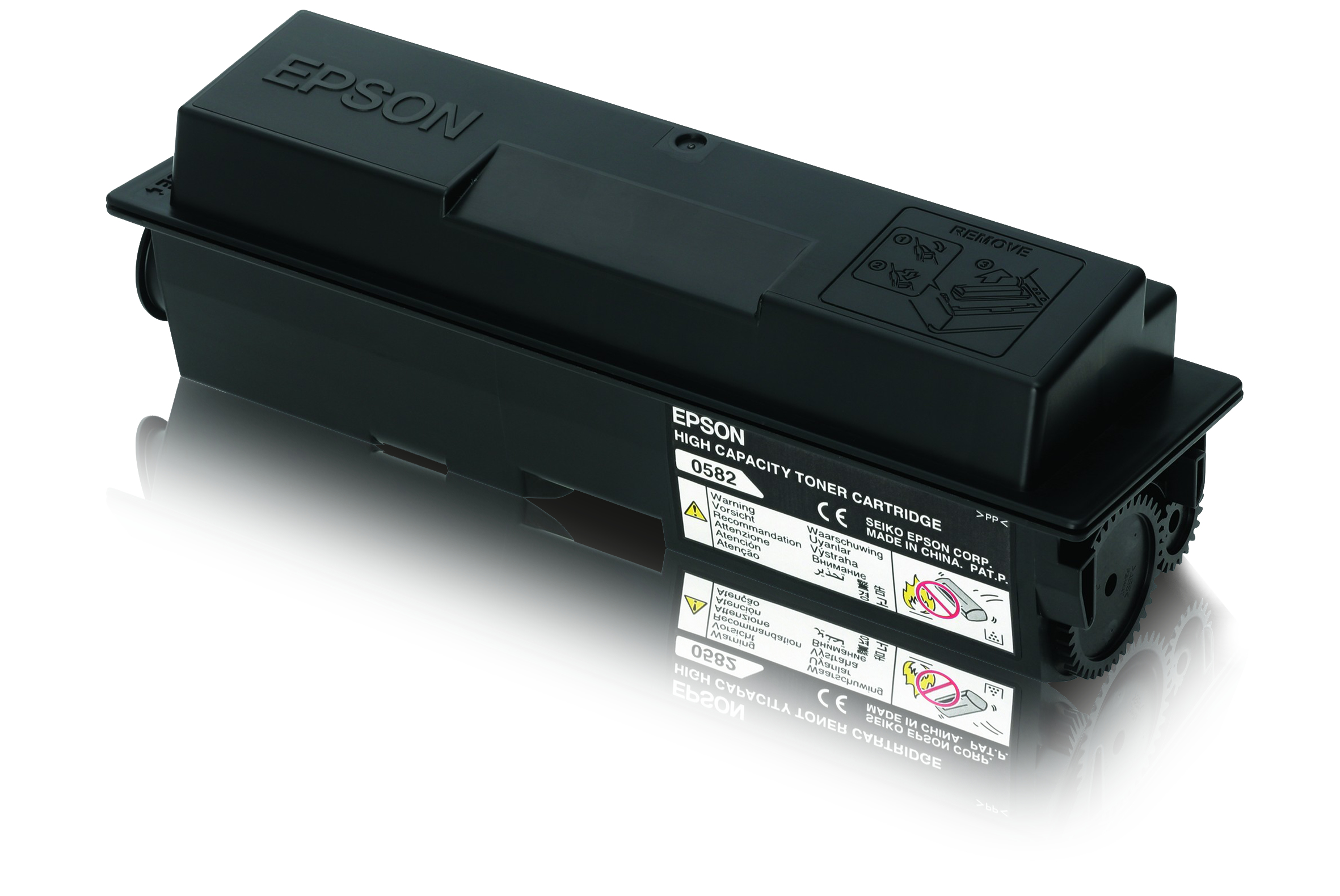 Cartuccia toner Epson nera ad alta capacità, con etichetta. Sfondo bianco.