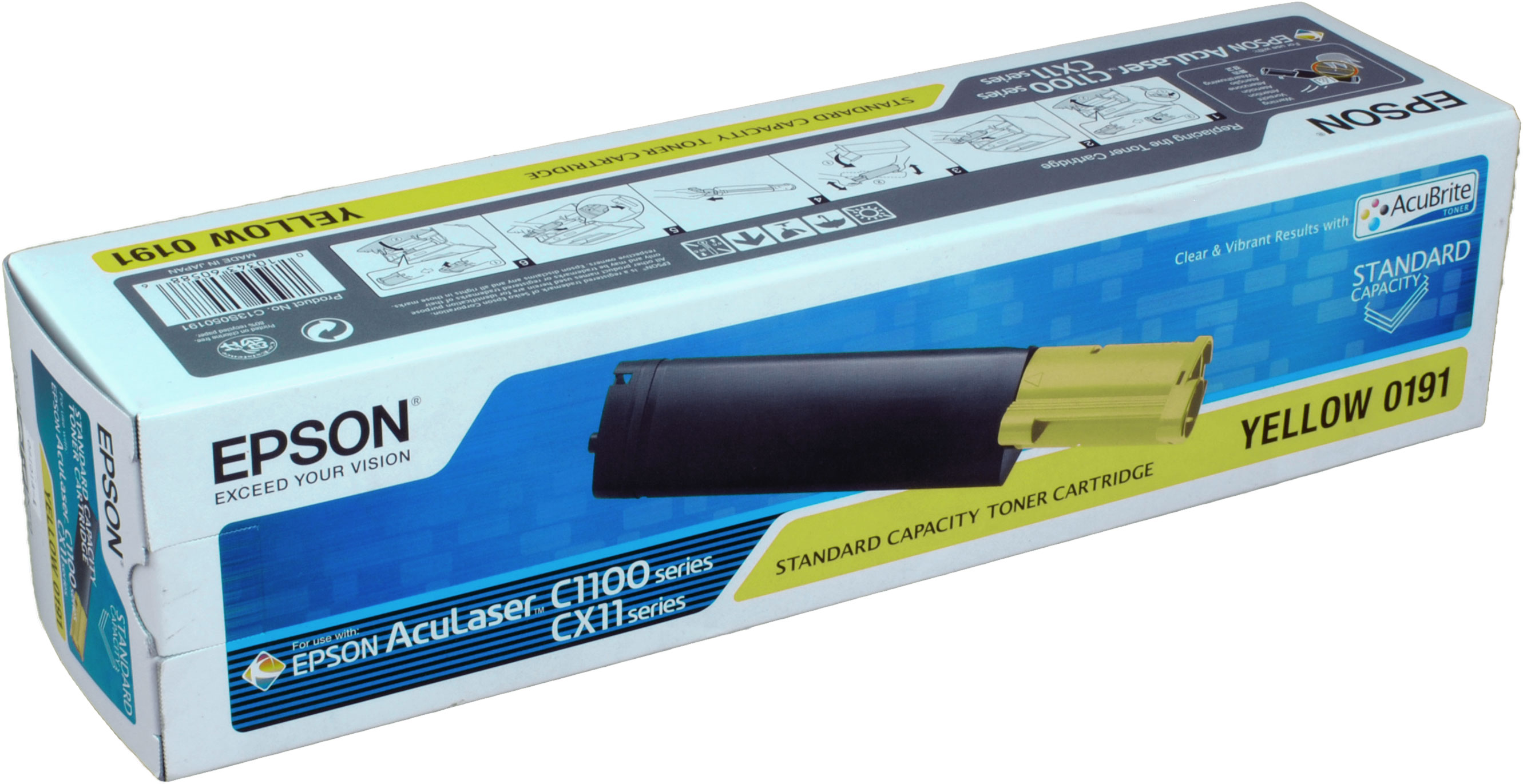 Scatola Epson con testo 'YELLOW' e 'YELLOW 0191', e cartuccia per stampante su bianco.