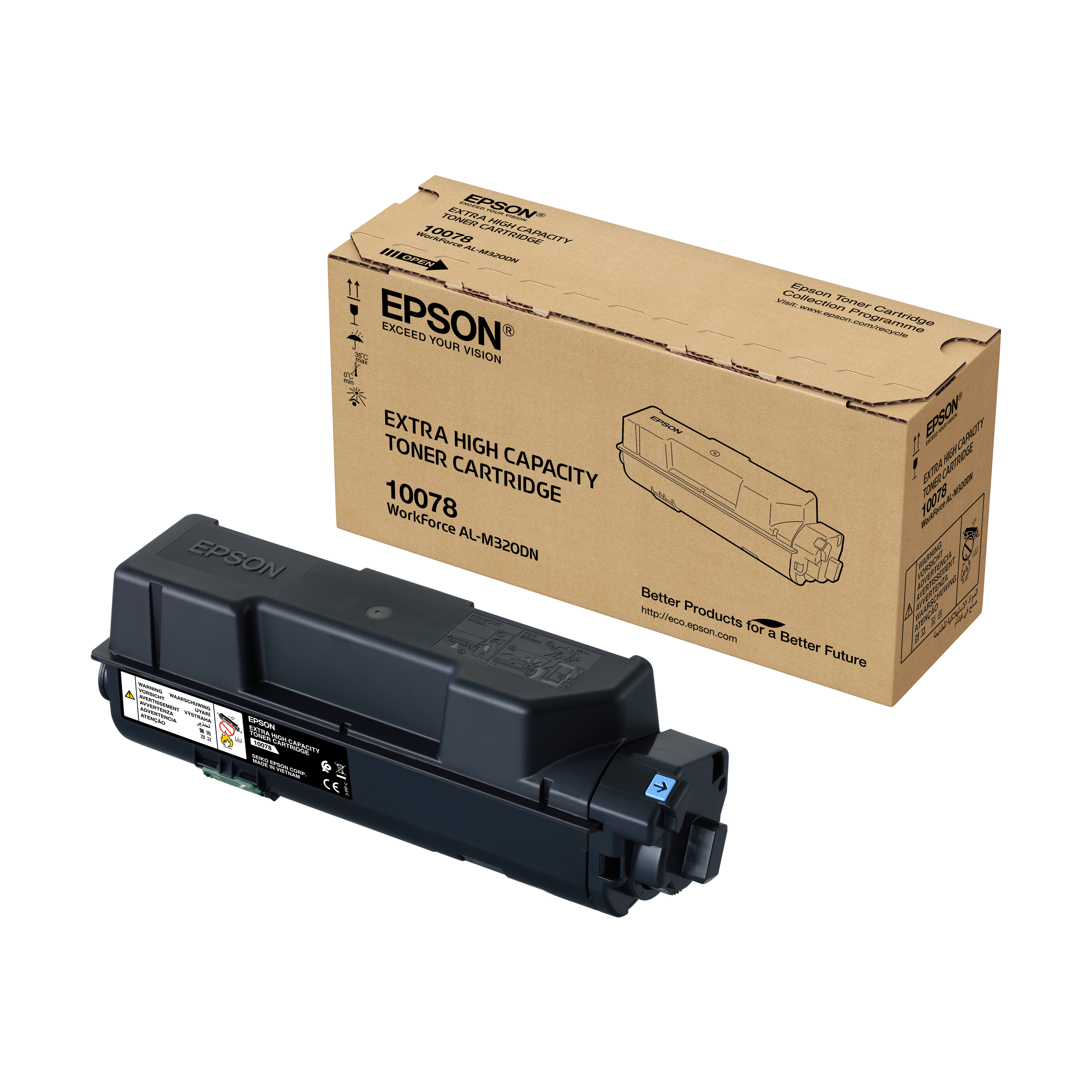 Scatola e cartuccia toner Epson. Scatola con scritto 'Extra High Capacity Toner Cartridge' e '10078'.