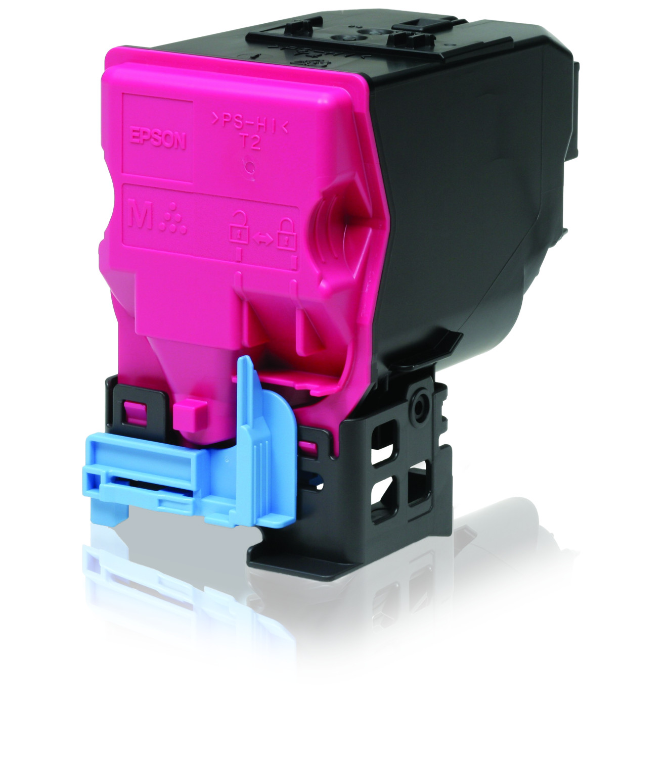 Cartuccia d'inchiostro Epson nera e rosa, con parti in plastica blu e nere. Sfondo bianco.