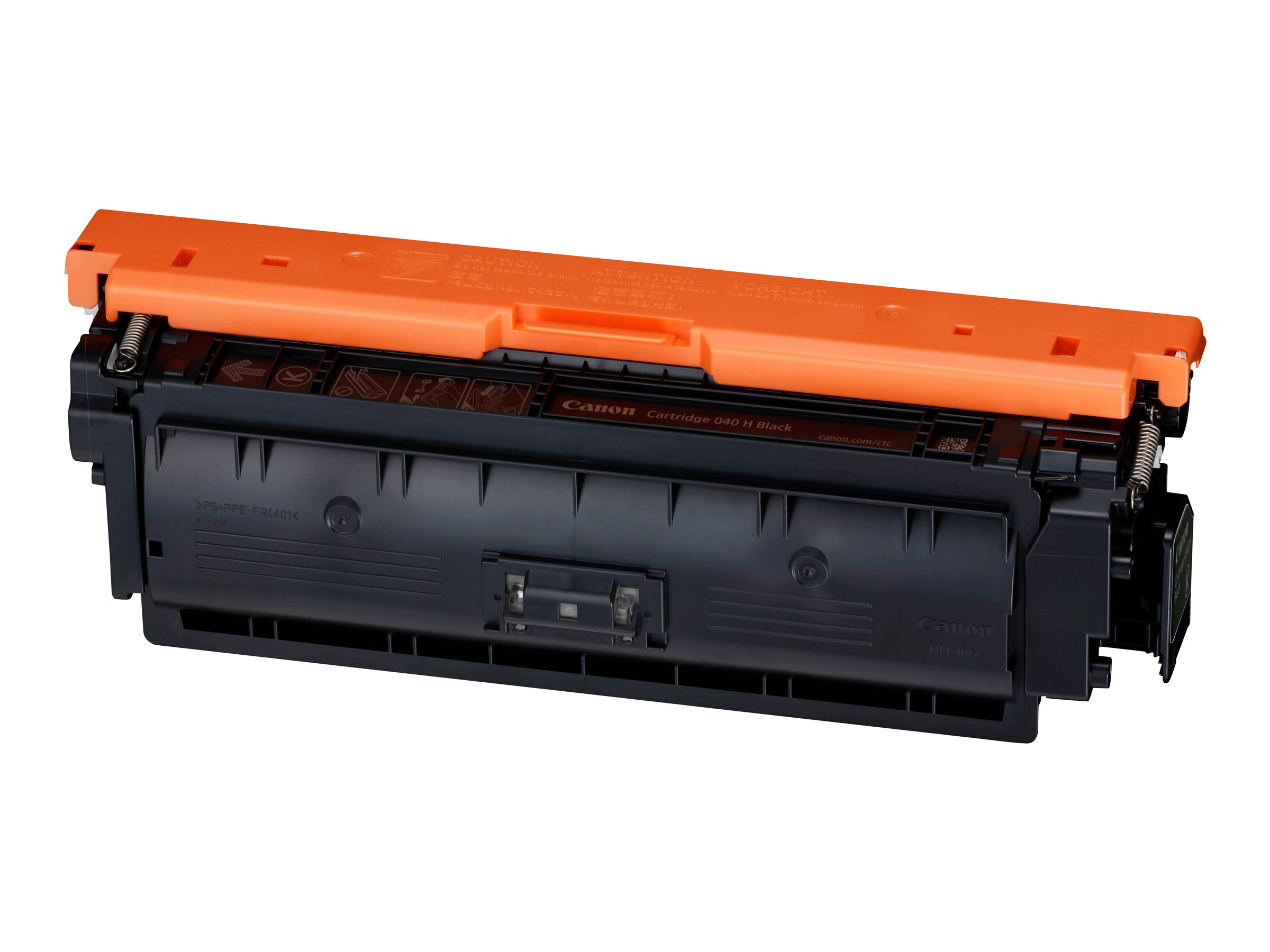 Cartuccia toner Canon nera con coperchio arancione. Corpo nero e grigio. Sfondo bianco.