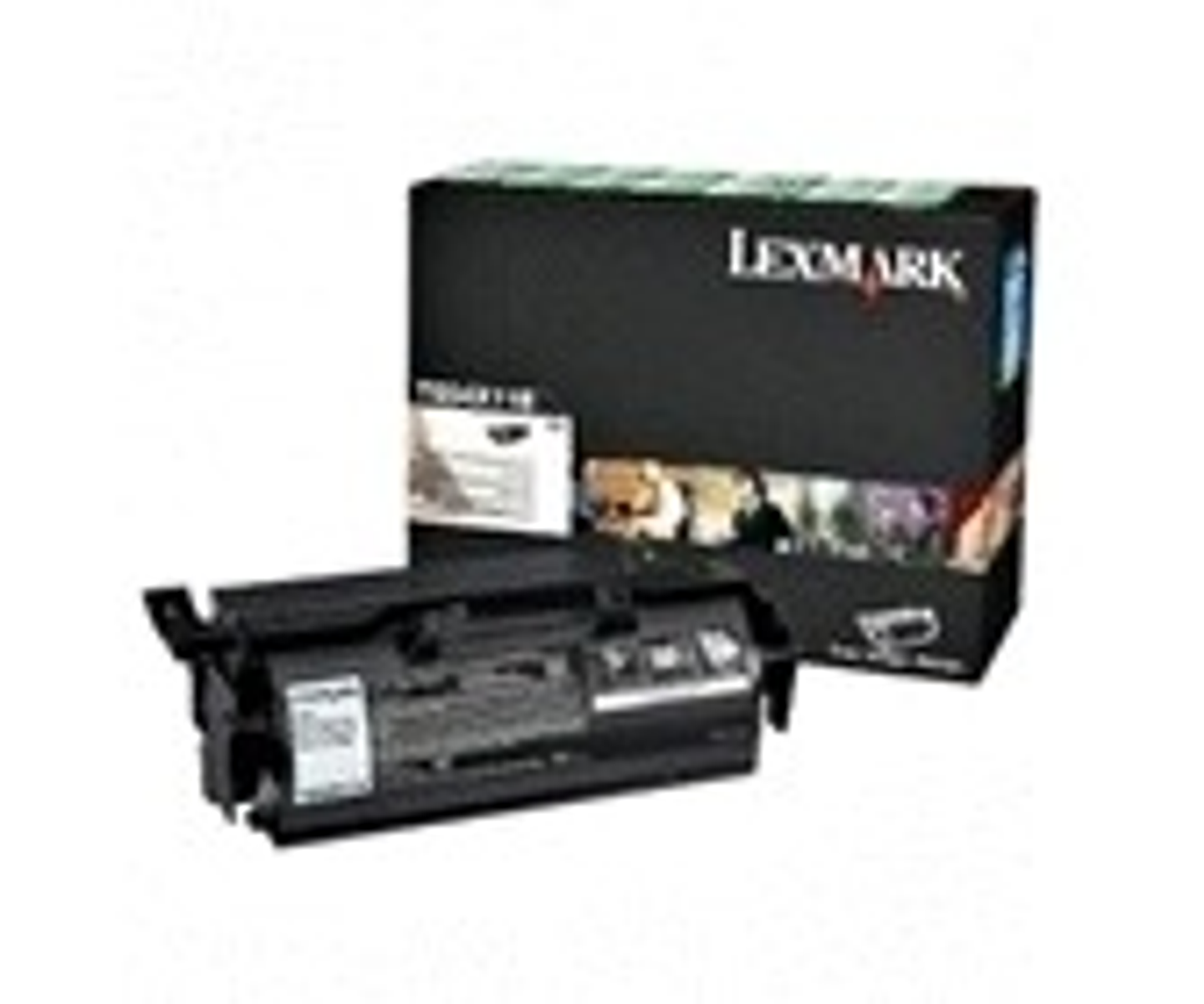 Una cartuccia toner Lexmark nera e la sua scatola. La scatola ha l'immagine di una stampante.
