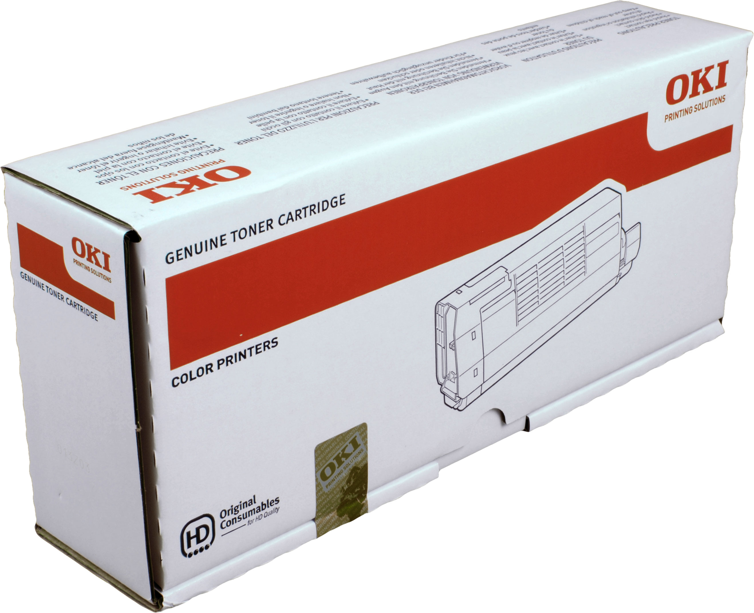 Una scatola di cartucce toner OKI. È bianca con testo rosso. La scatola contiene le parole "Color Printers".