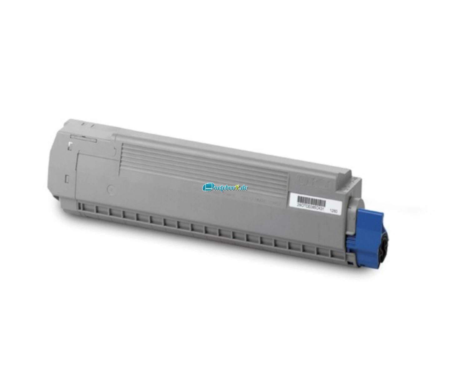 Grijze laser tonercartridge met een blauw uiteinde tegen een witte achtergrond. De cartridge is nieuw.