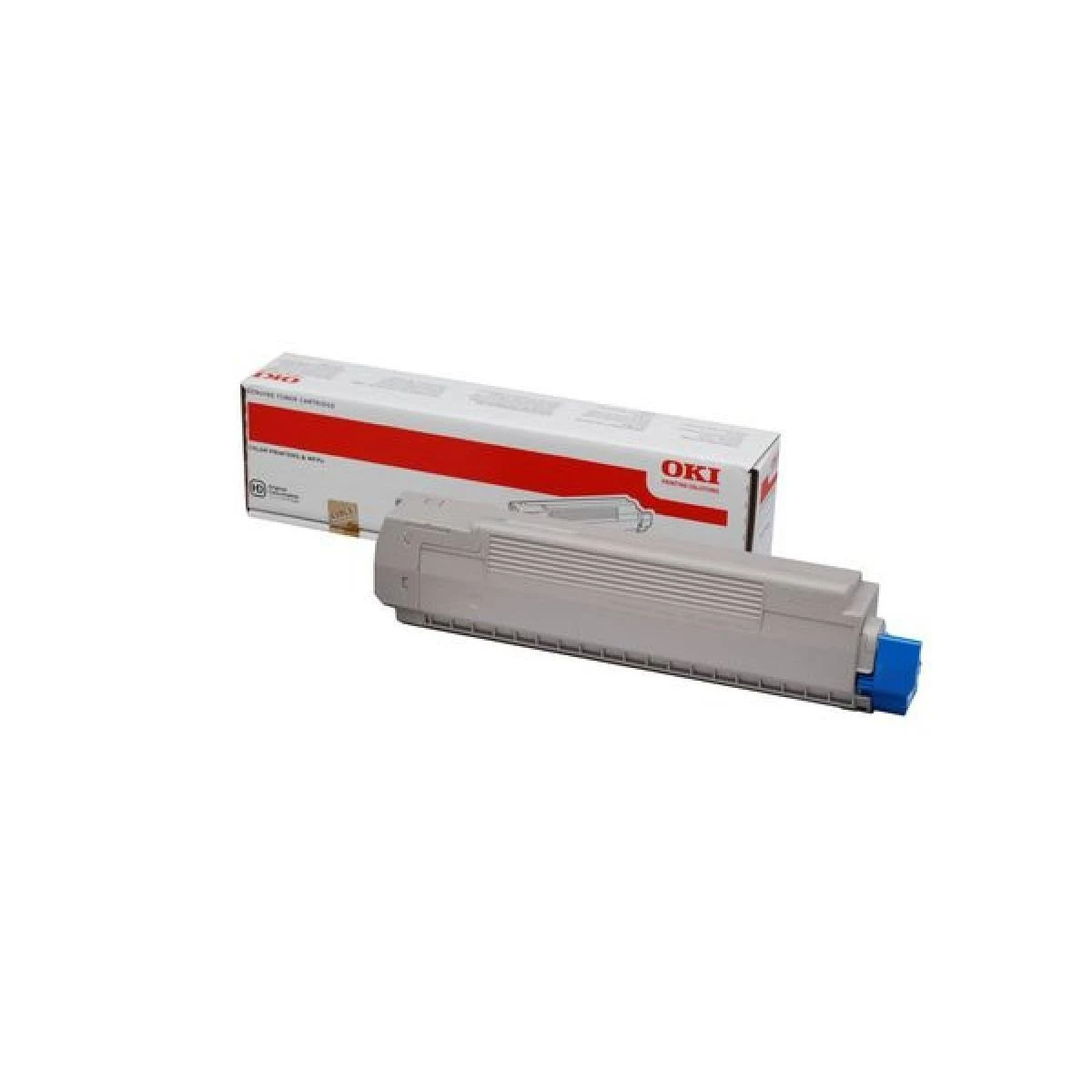 OKI tonercartridge met een blauw uiteinde op een wit oppervlak.