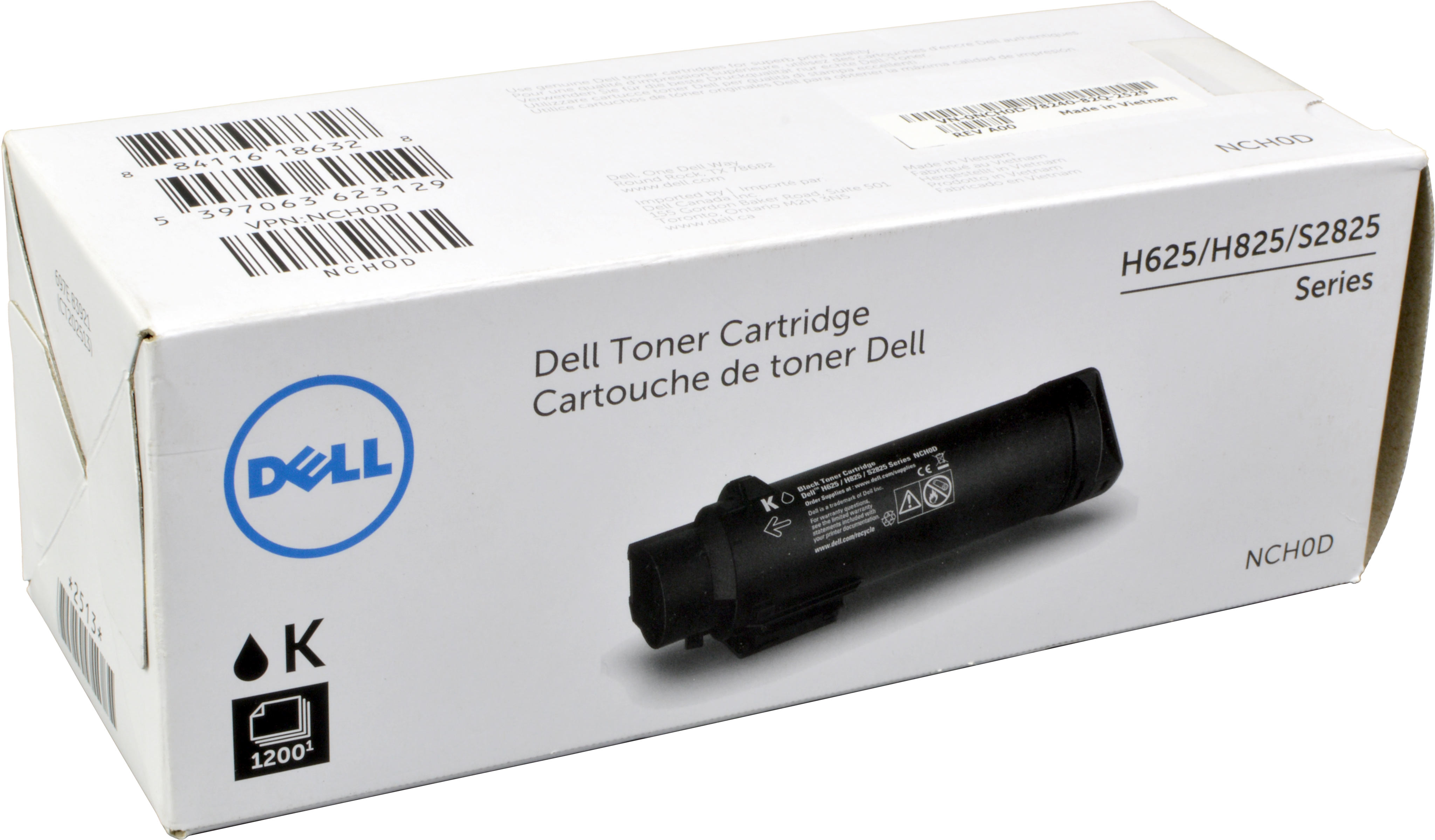 Scatola cartuccia toner Dell. Scatola bianca con cartuccia nera, logo Dell, simboli nero e K.