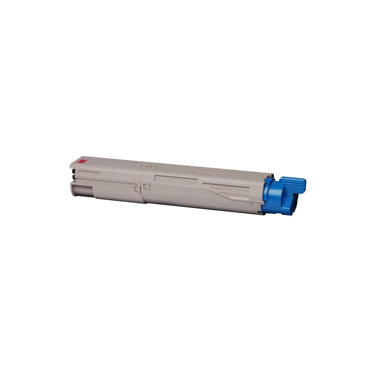 Grijze tonercartridge met blauwe accenten. Witte achtergrond. De cartridge ligt horizontaal.