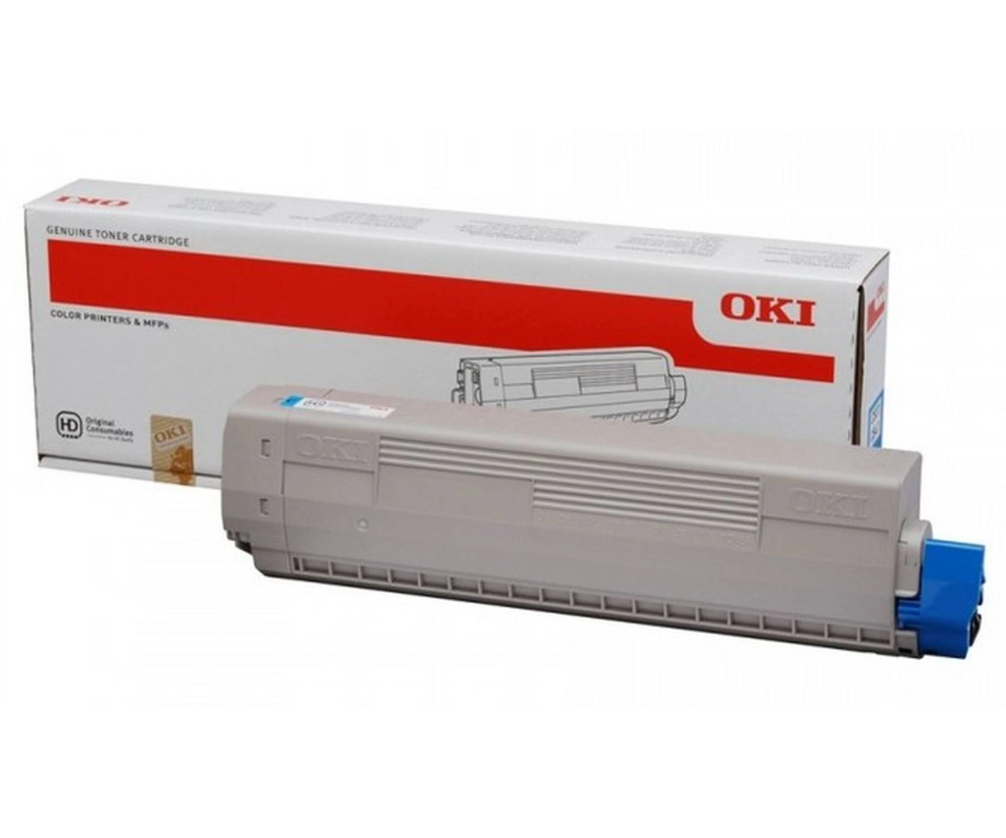 Szary wkład i pudełko. Pudełko jest białe i czerwone. 'OKI' jest napisane na pudełku i wkładzie.