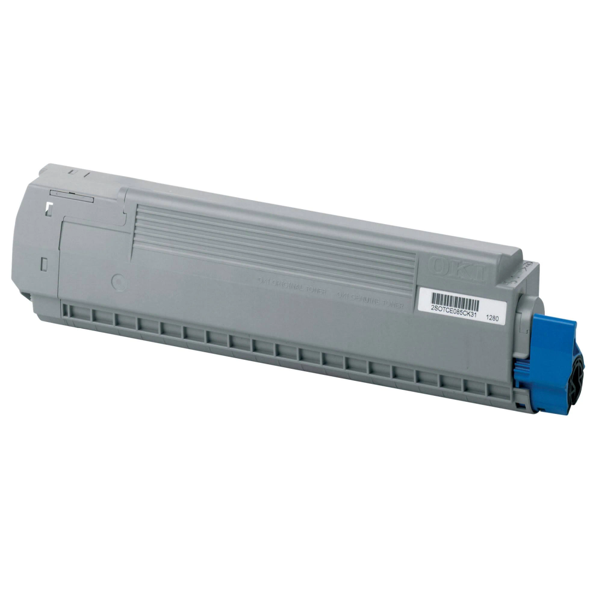 Szary wkład z tonerem z niebieskim końcem. Białe tło. Marka OKI.