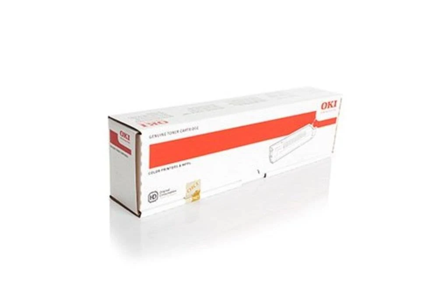 Białe pudełko z czerwonym paskiem. Wkład z tonerem OKI. Białe tło.