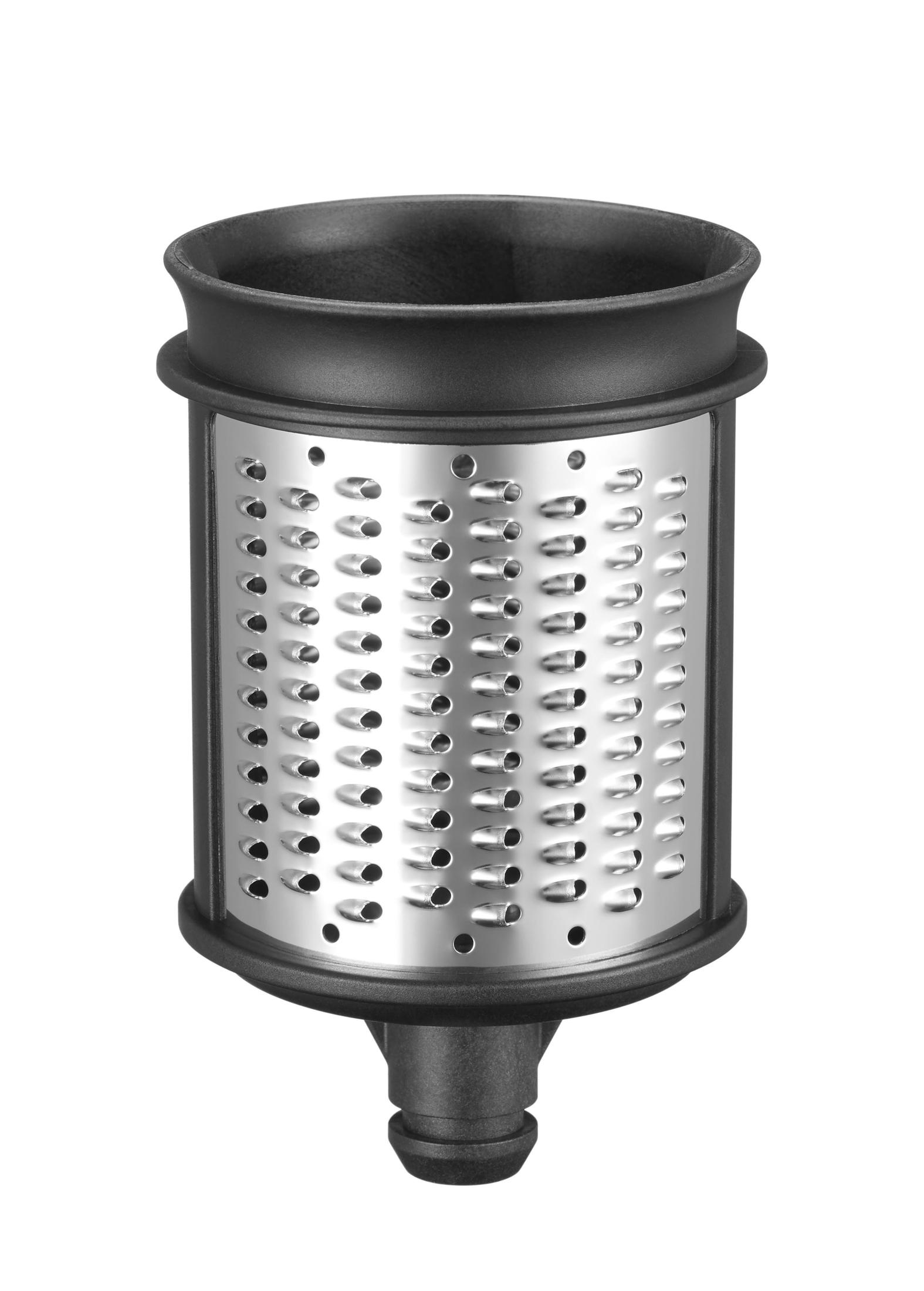 Eine Metallreibe mit schwarzem Deckel und Boden. Löcher bedecken den Zylinder.