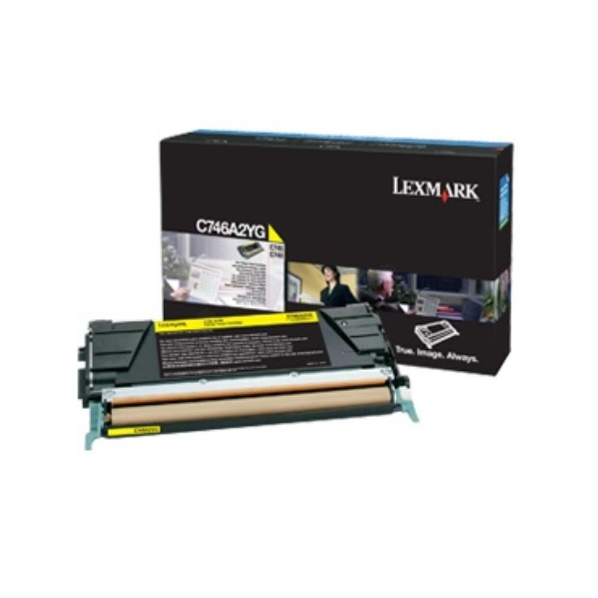 Una cartuccia toner Lexmark e la sua scatola. La scatola ha l'immagine di una stampante e una donna.