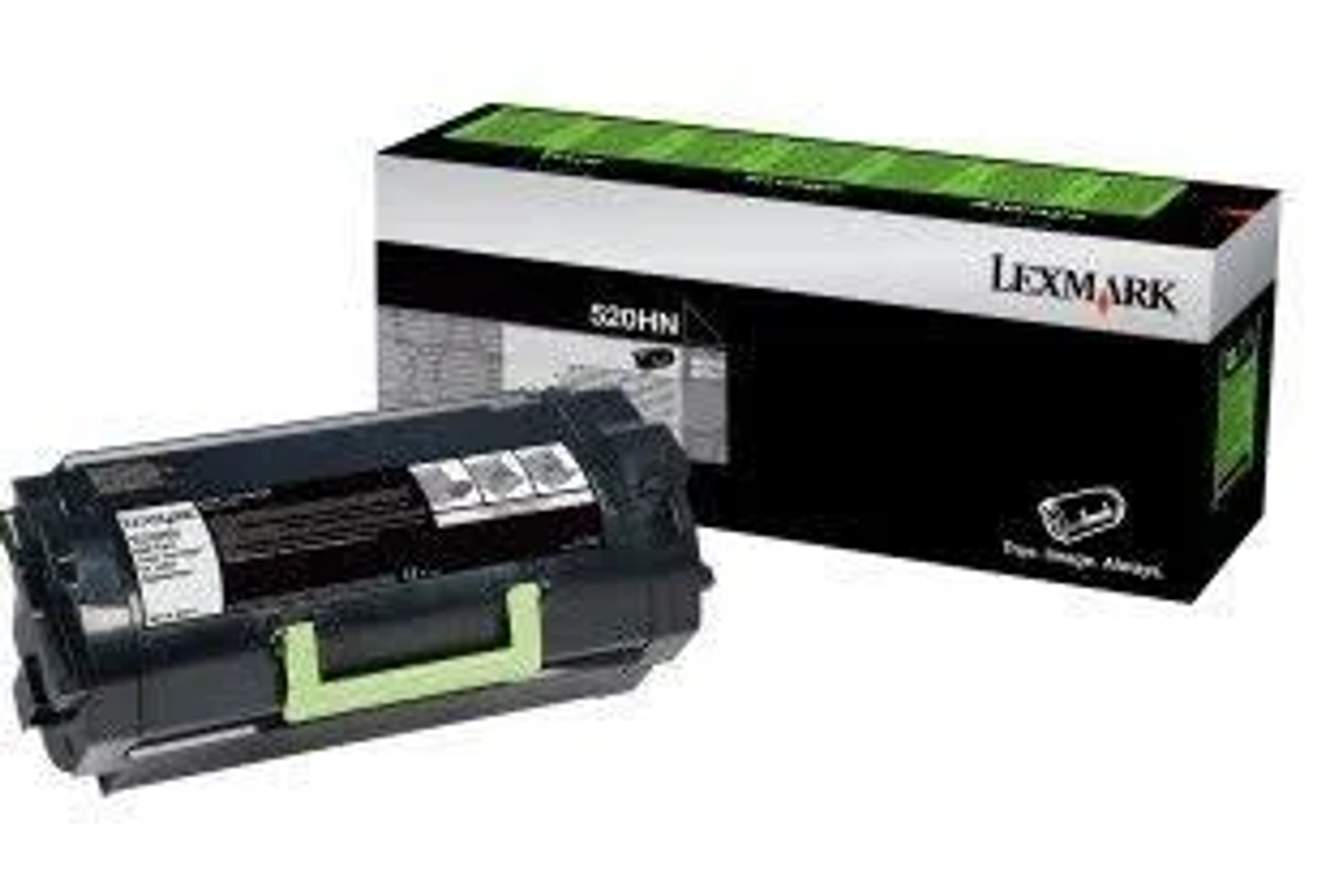 Cartuccia toner e scatola Lexmark 520HN. La scatola è nera con dettagli verdi.