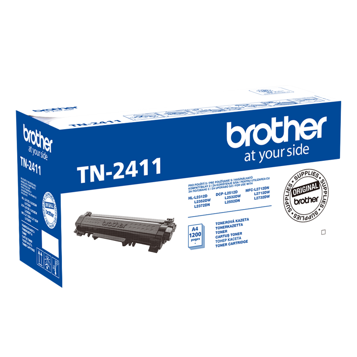 A Brother toner cartridge and box. The cartridge is black, the box is blue and white.