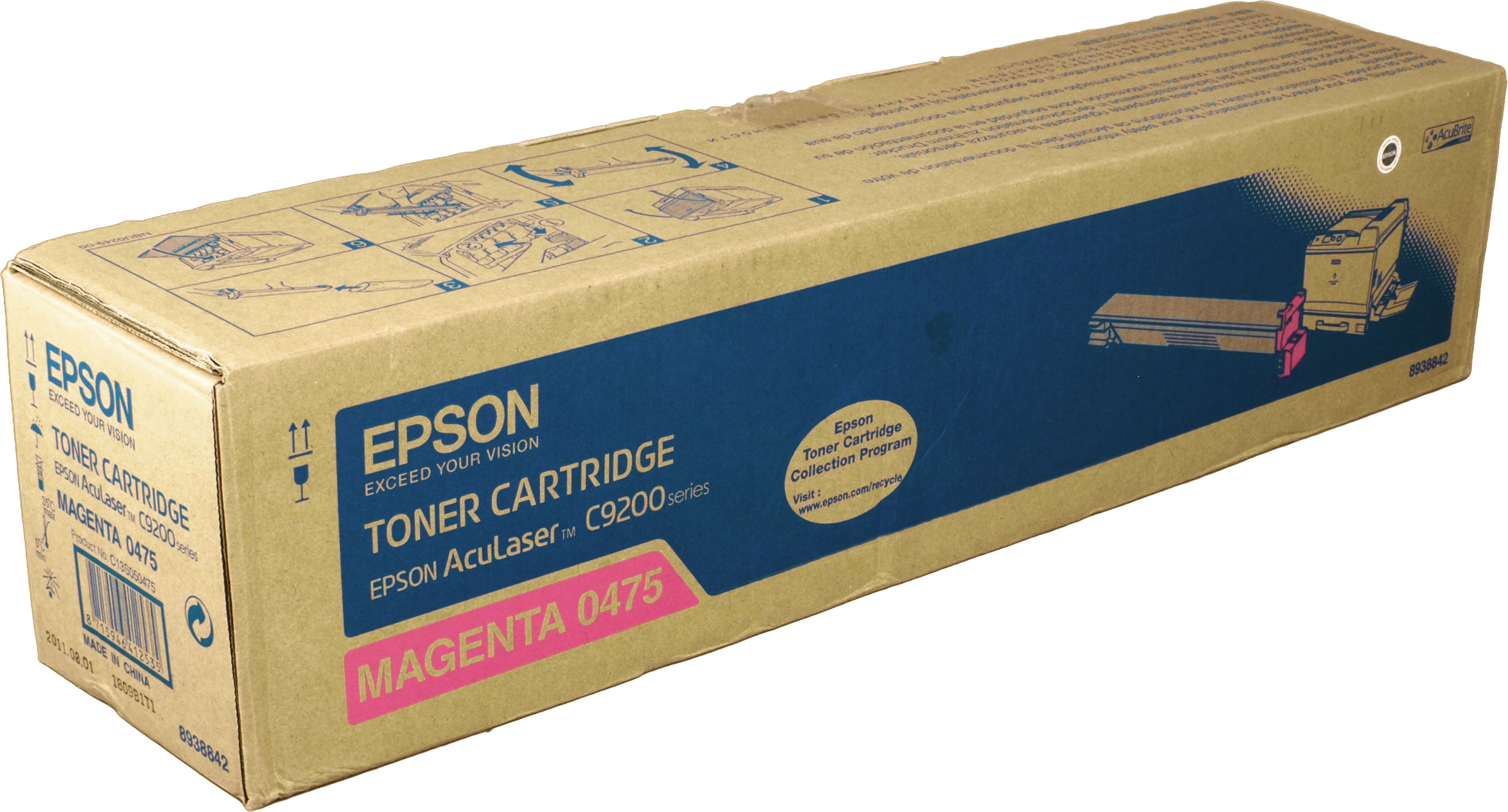 Scatola cartuccia toner Epson, colore magenta, su sfondo bianco.