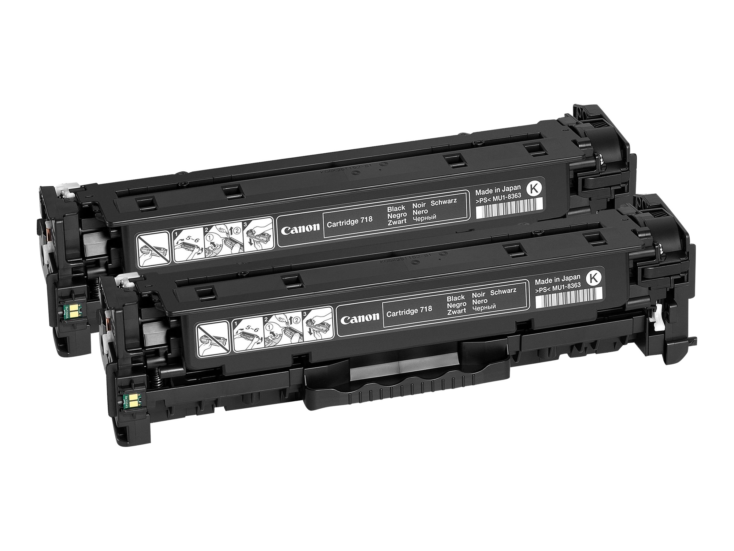 Due cartucce toner nere Canon 718. Cartucce nere. Sfondo bianco.