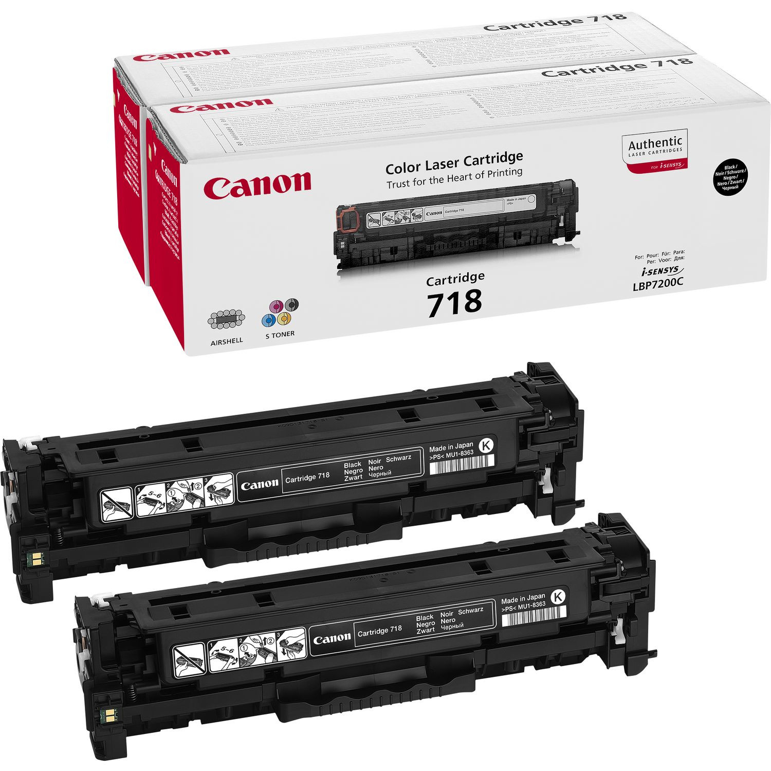 Cartucce toner e scatola Canon. Cartucce nere, scatola bianca. Sfondo bianco.