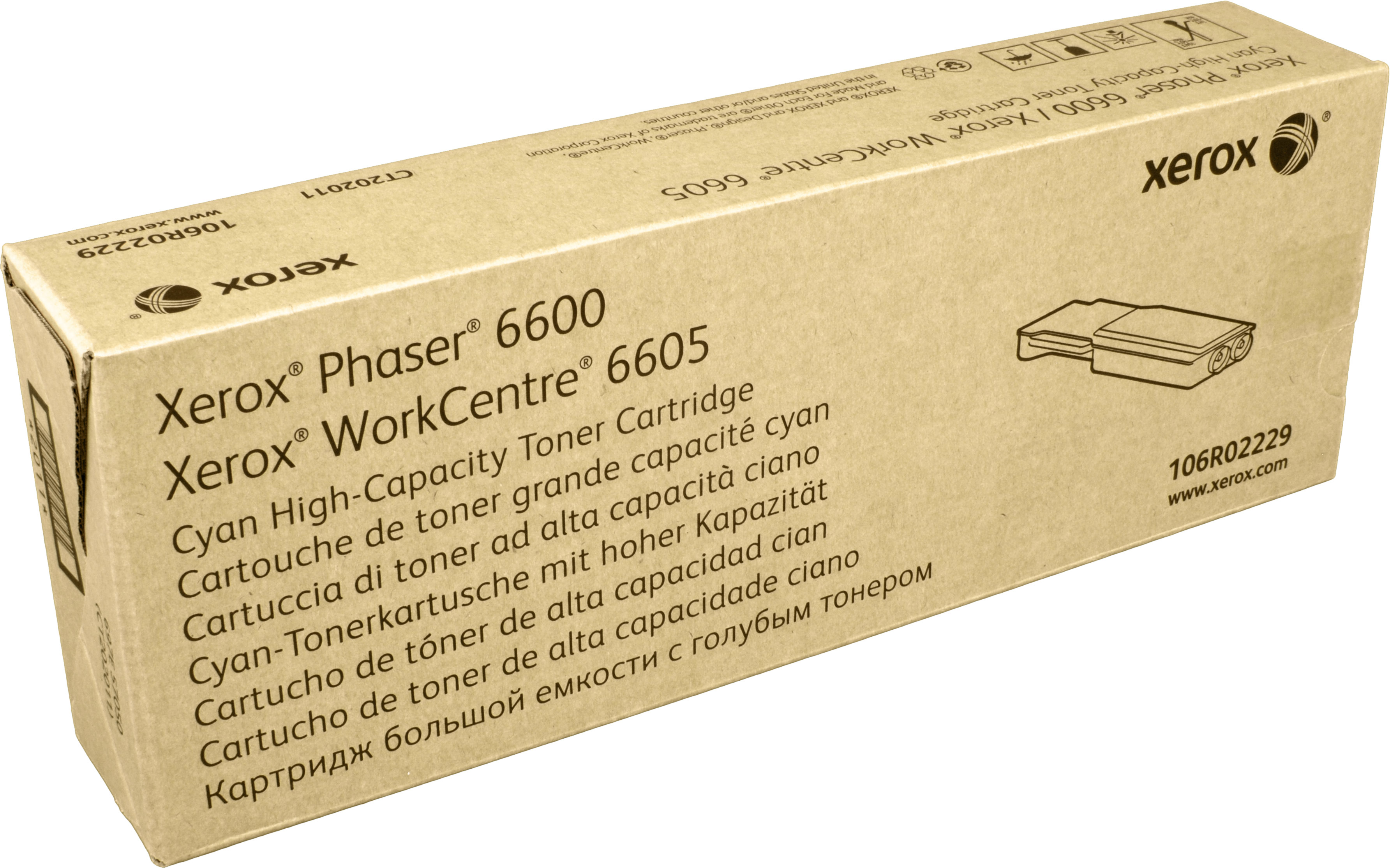 Una scatola di cartucce toner Xerox Phaser 6600 marrone, con testo e un diagramma.