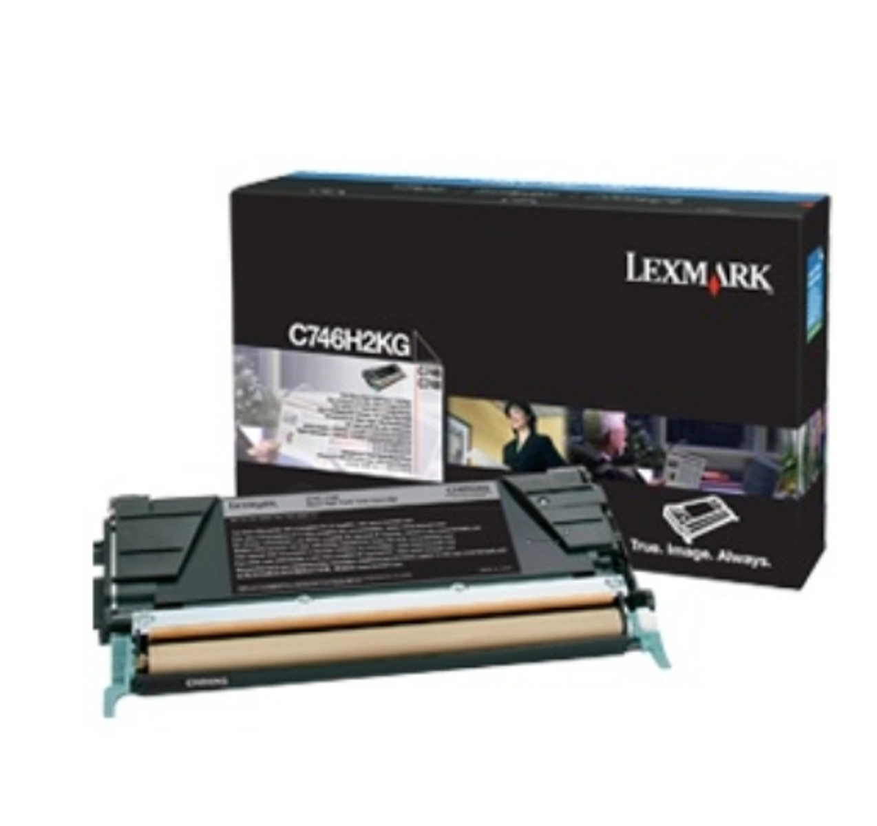 Una cartuccia toner Lexmark nera e la sua scatola. La scatola ha l'immagine di una stampante e una donna.