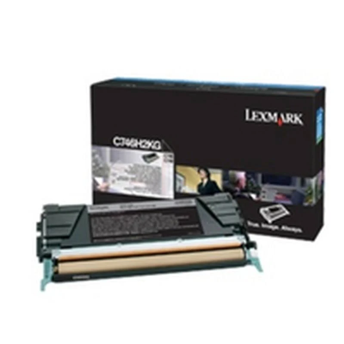 Una cartuccia toner Lexmark e una scatola su una superficie bianca. La scatola è per lo più nera.