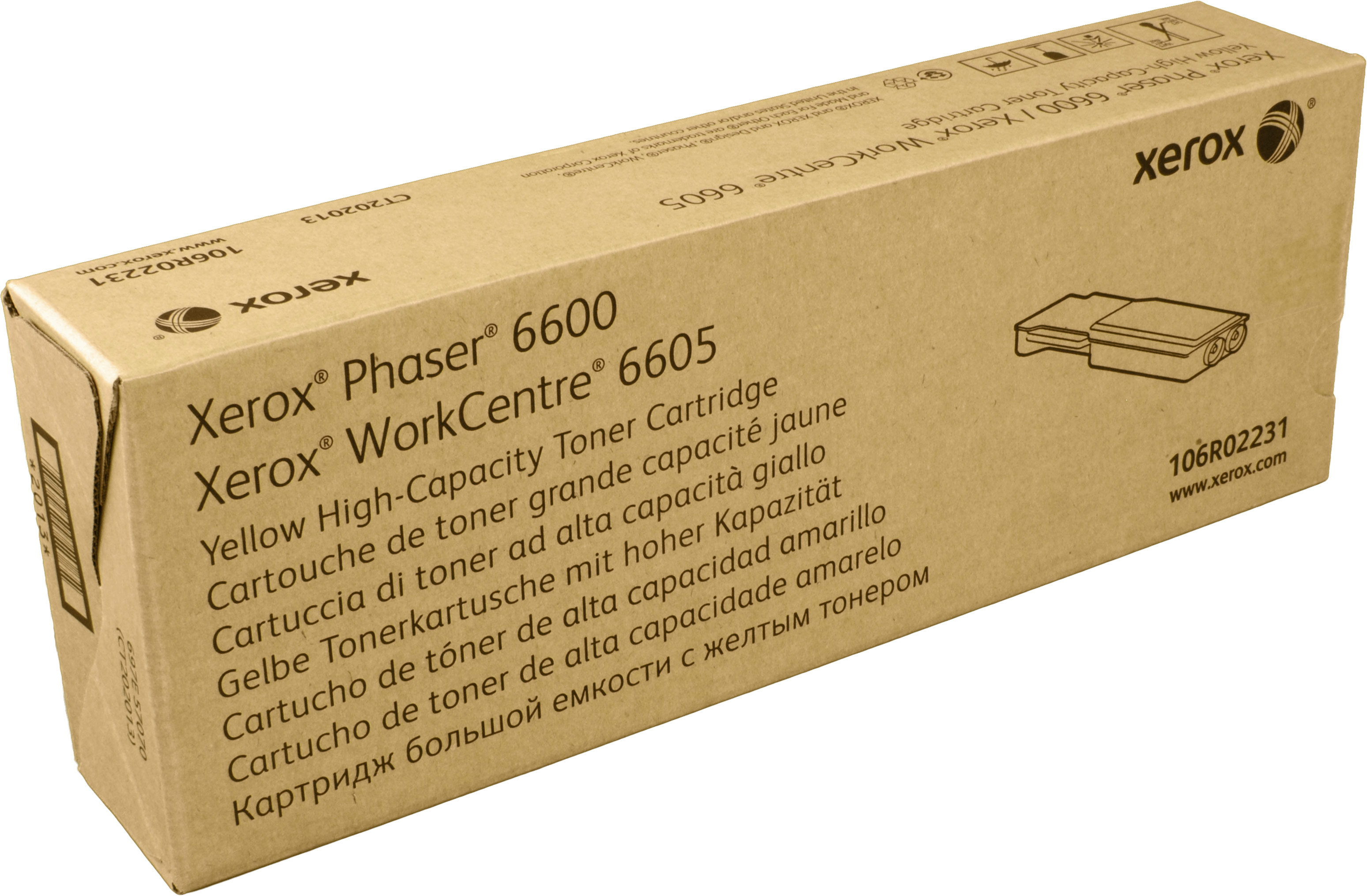 Scatola cartuccia toner Xerox Phaser 6600. Scatola marrone con testo nero.