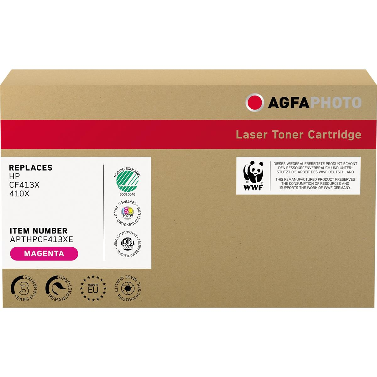 Scatola cartuccia toner laser AGFA PHOTO. Scatola marrone con testo e logo magenta.