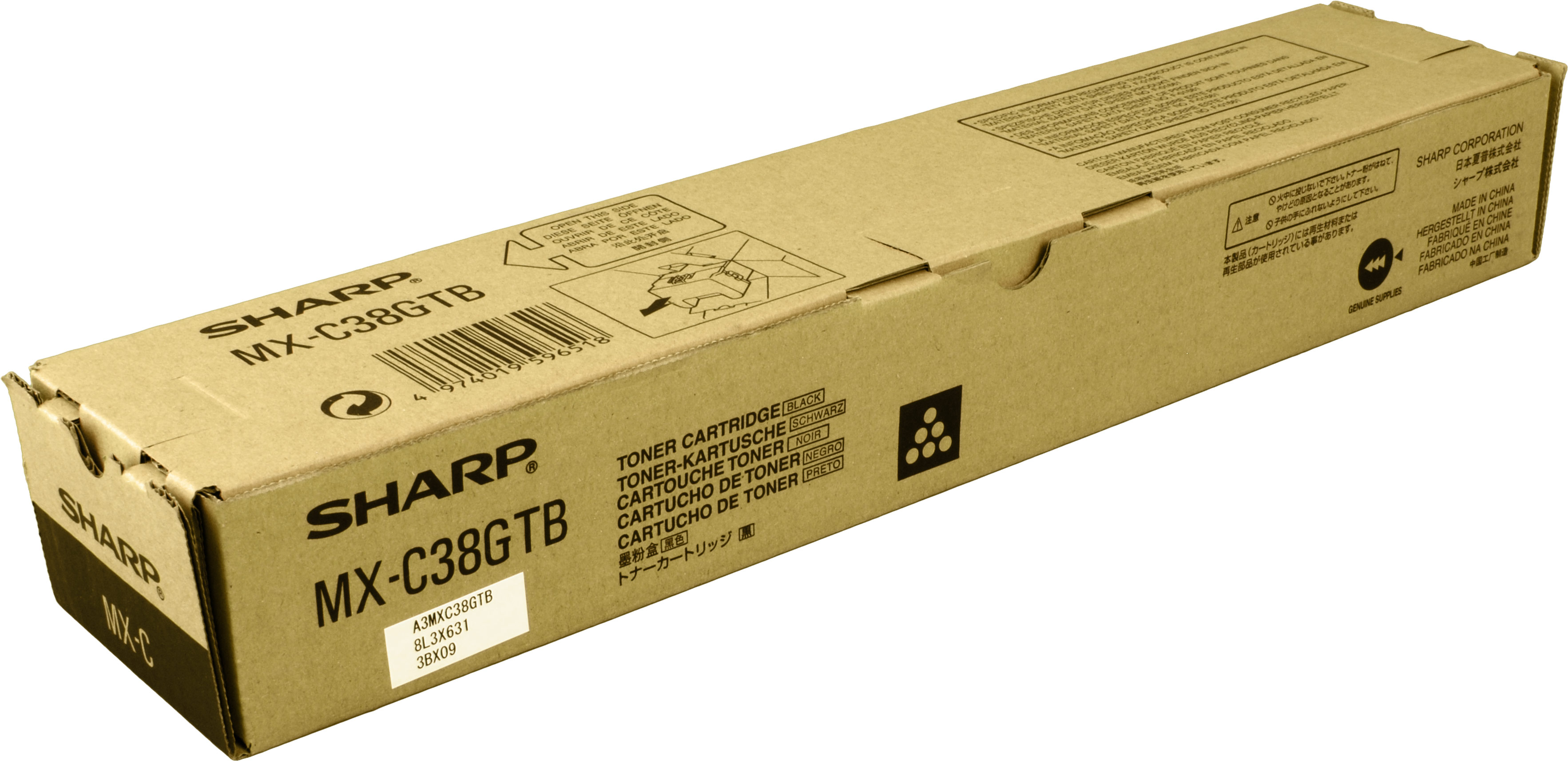 Scatola Sharp marrone con testo nero. Dice 'MX-C38GTB Toner Cartridge' e 'SHARP'.