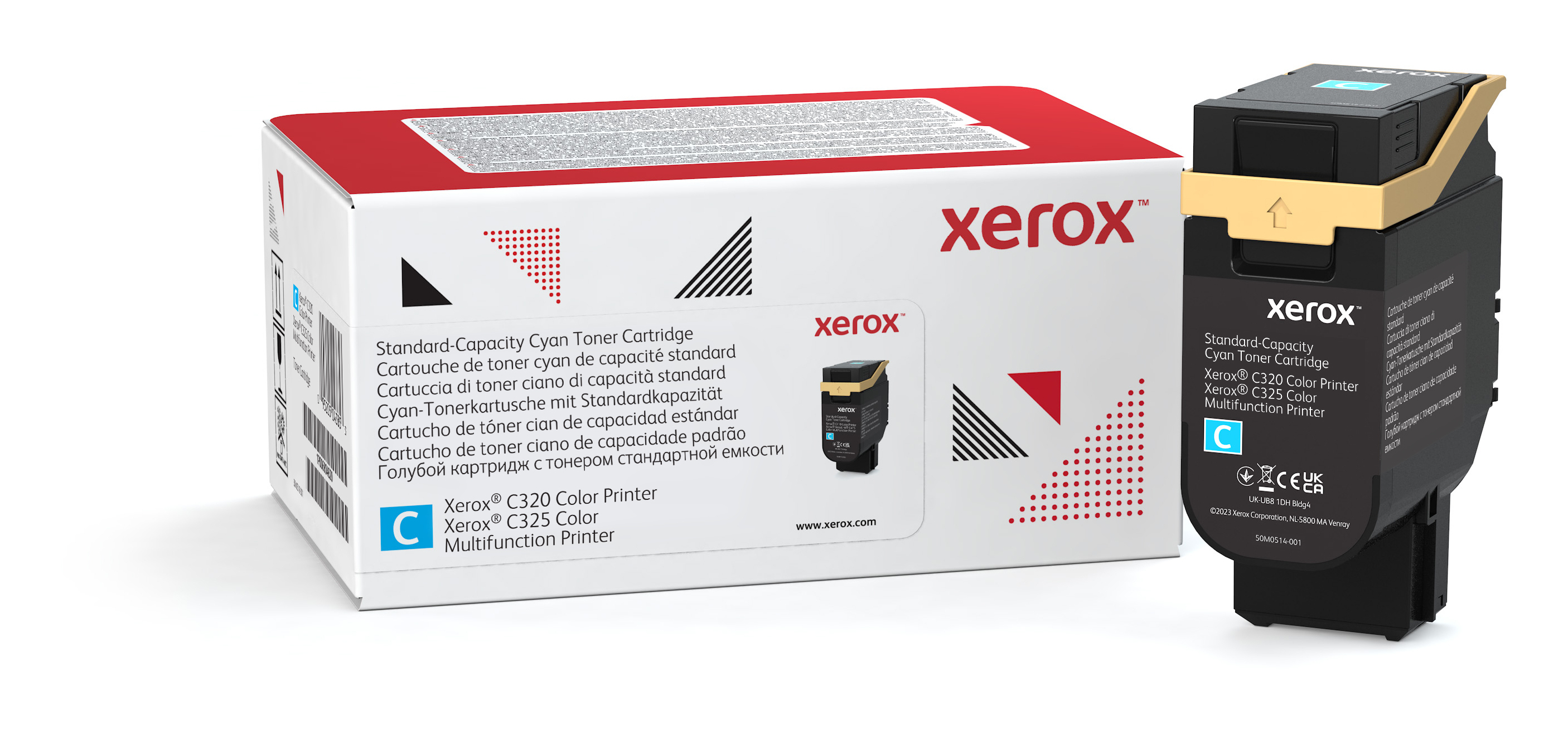 Pudełko i wkład z tonerem Xerox. Na pudełku napis 'Standard-Capacity Cyan Toner Cartridge' i 'Xerox'.