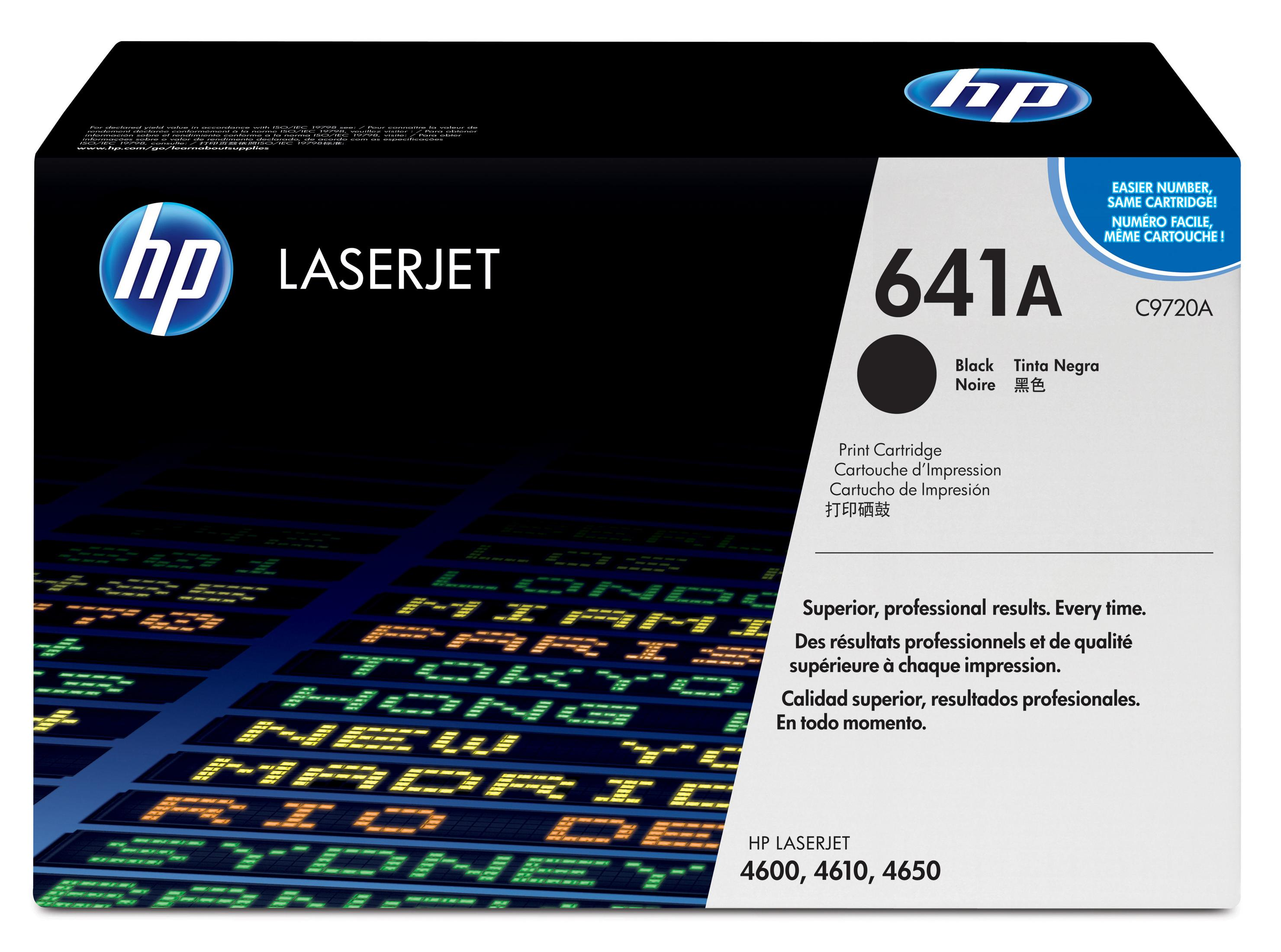 Scatola della cartuccia di stampa nera HP LaserJet 641A con vari testi e loghi.