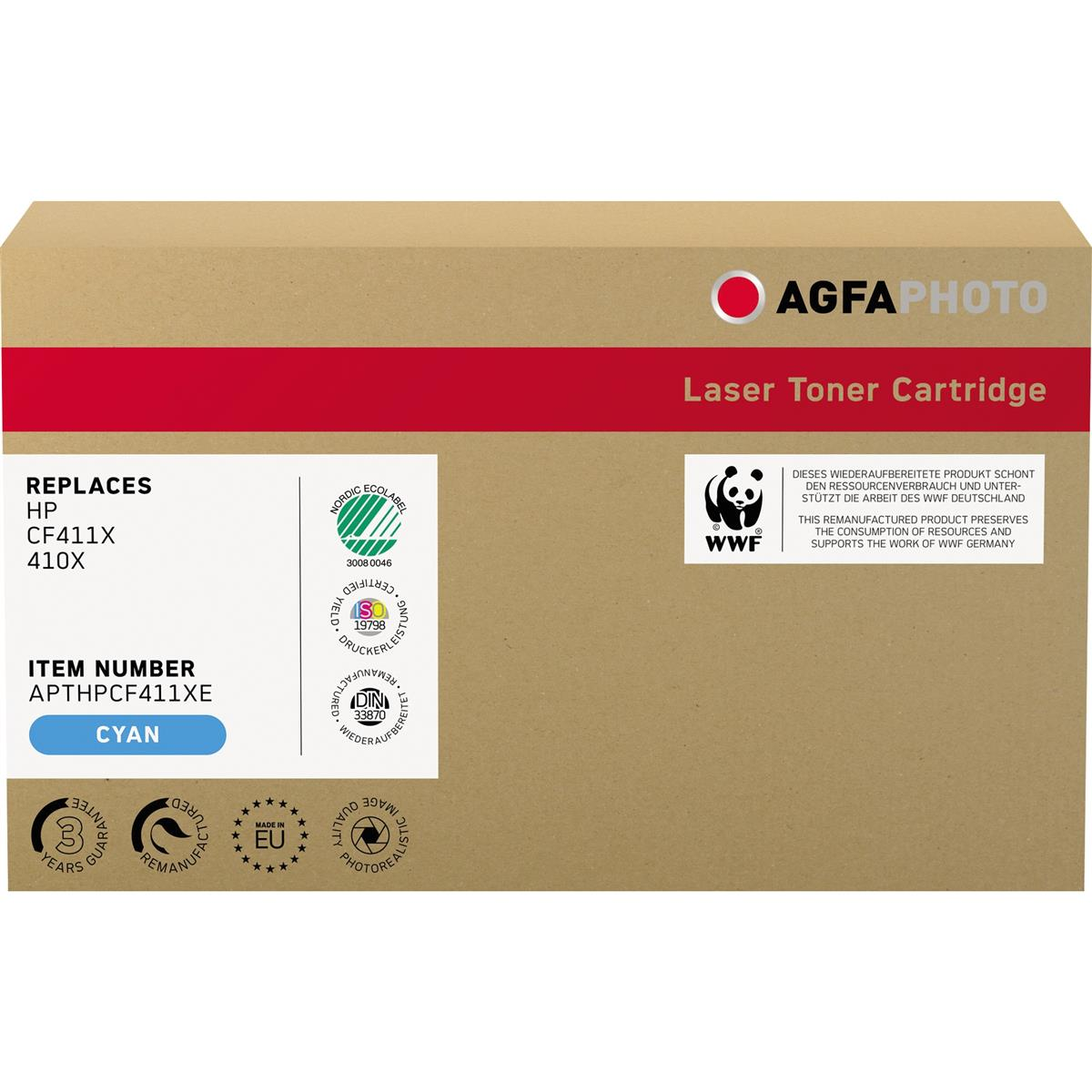 Scatola marrone con logo AGFA Photo e testo cartuccia toner laser. Contiene cartuccia toner ciano.