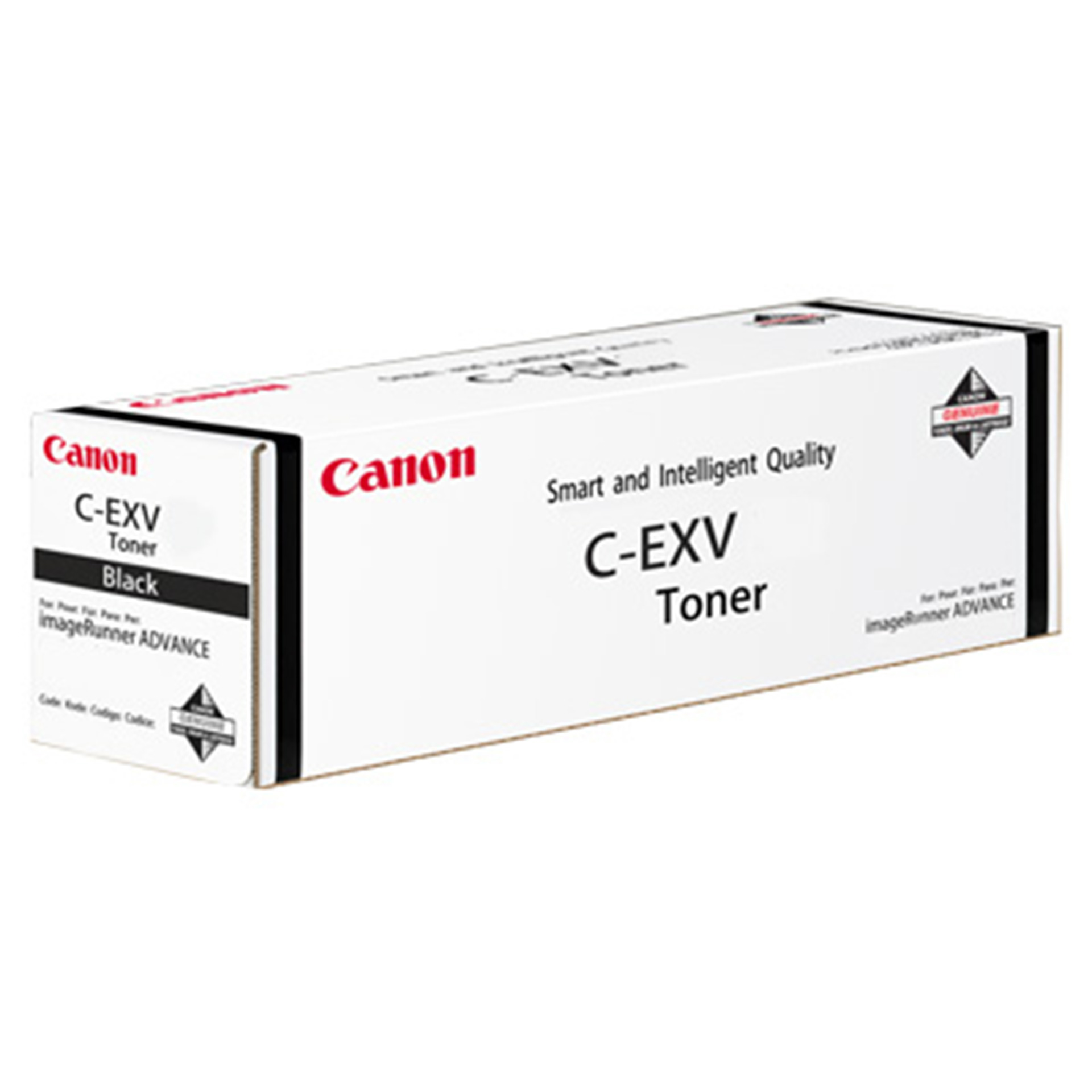 Boîte Canon blanche avec texte noir. Indique 'C-EXV Toner' et 'Smart and Intelligent Quality'.