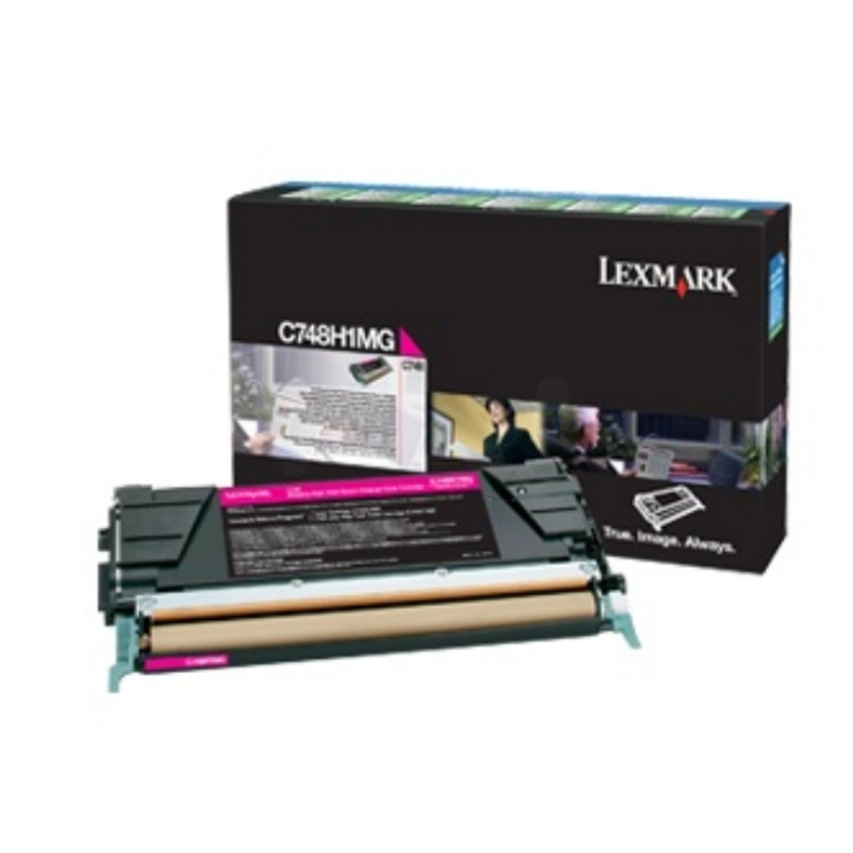 Cartuccia toner Lexmark C748H1MG e scatola. Scatola nera con cartuccia.