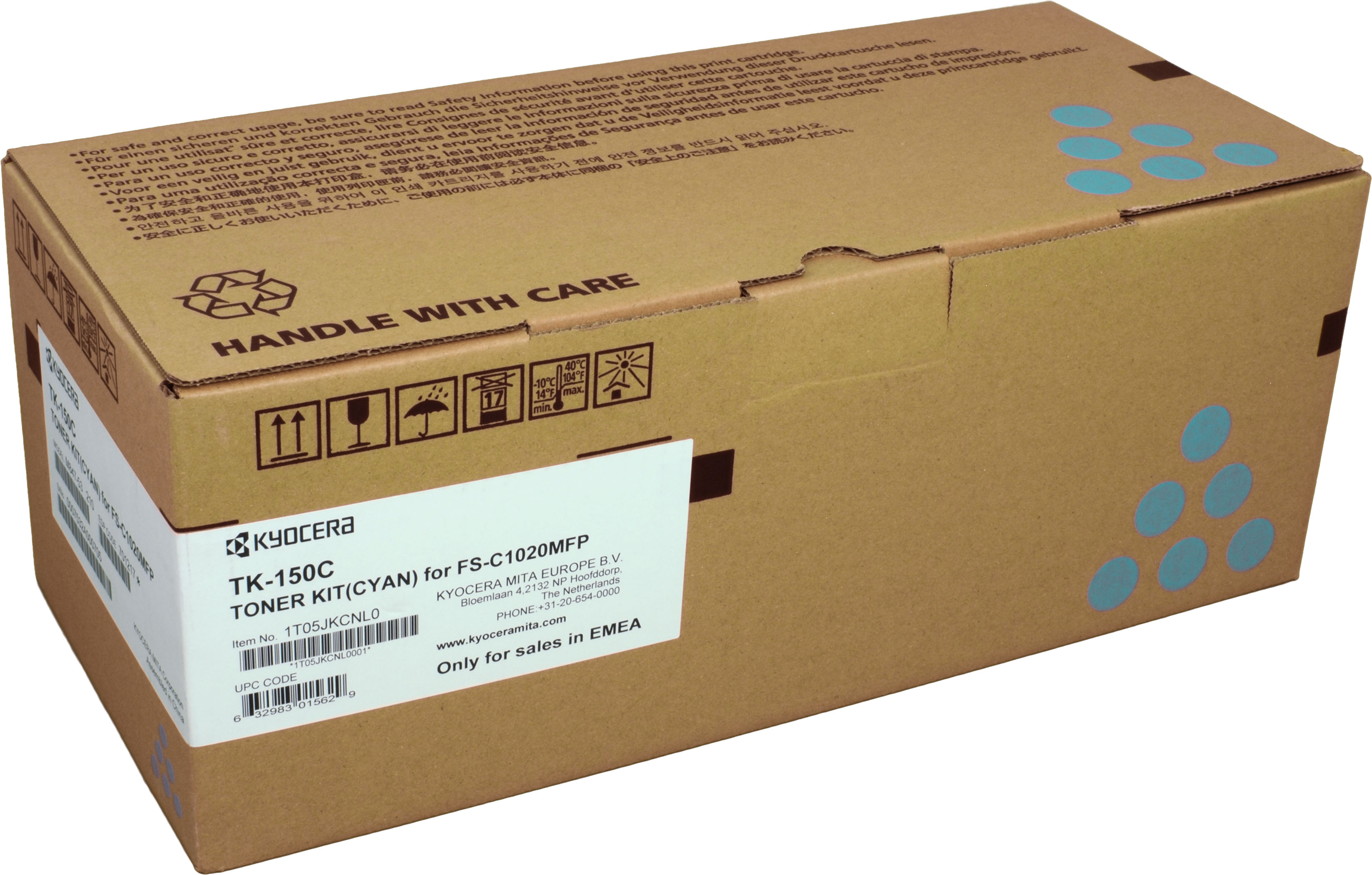 Una scatola marrone con testo e loghi, etichettata "TONER KIT (CYAN)".