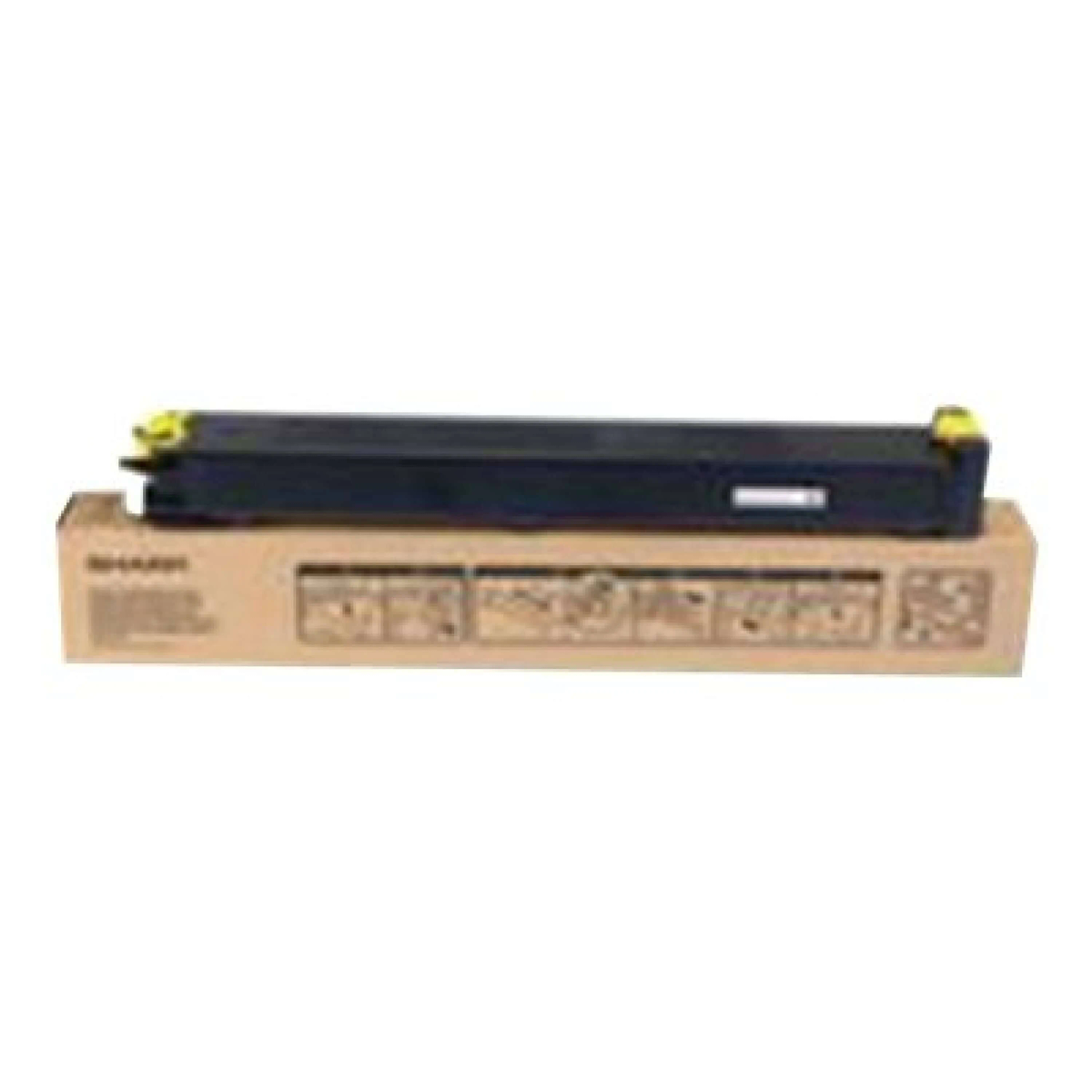 Cartuccia toner nera e gialla su una scatola di cartone. Sfondo bianco.
