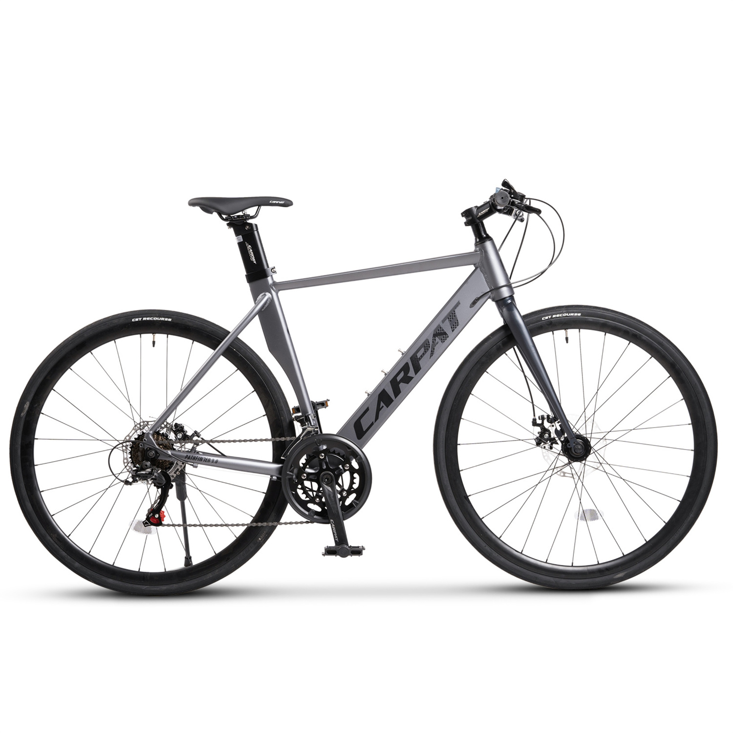 Ein graues CARPAY-Fahrrad auf weißem Hintergrund. Es hat schwarze Räder.