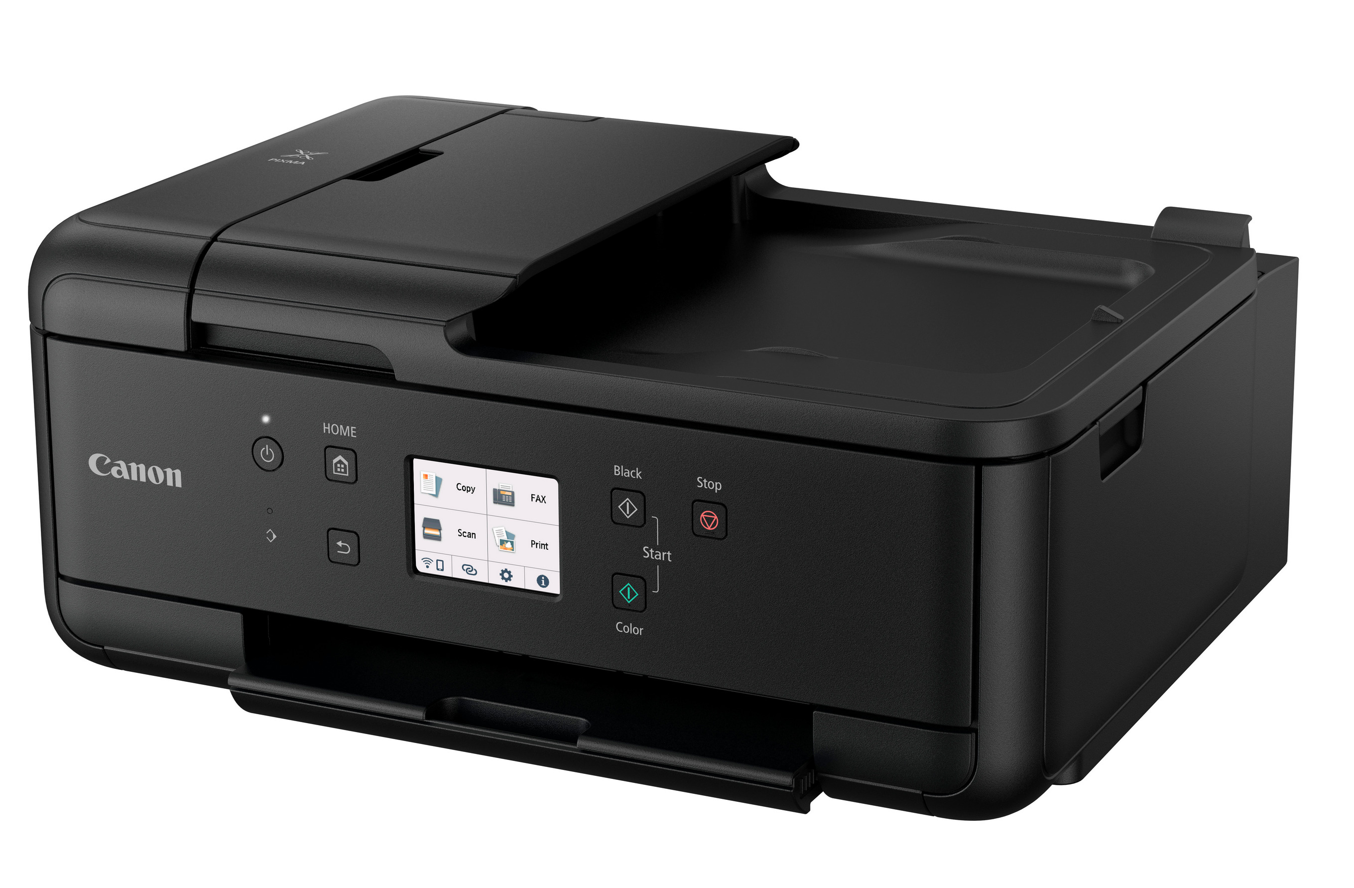 Stampante Canon nera con touchscreen e vassoio carta.