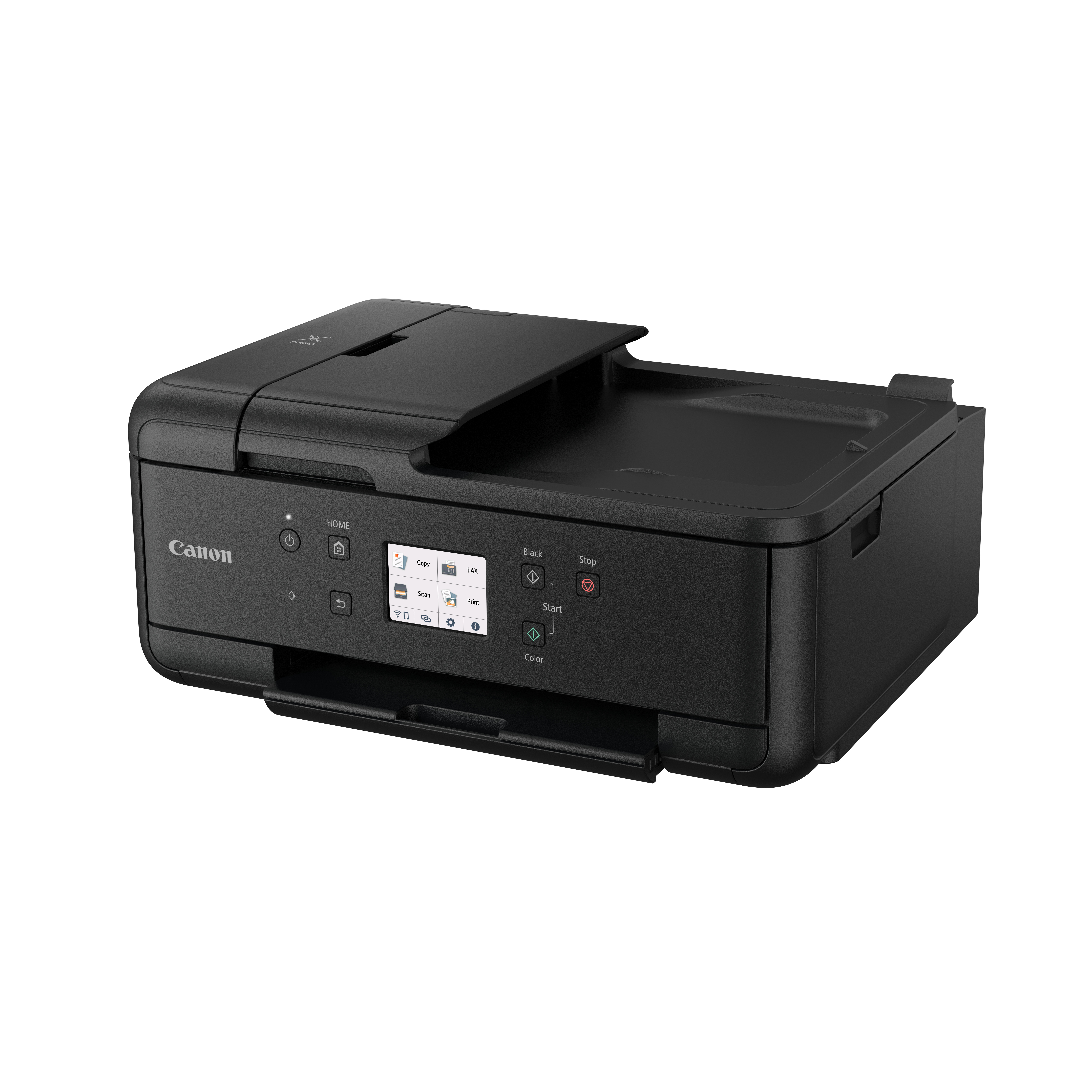 Stampante Canon nera. La stampante ha uno scanner piano e un pannello di controllo.